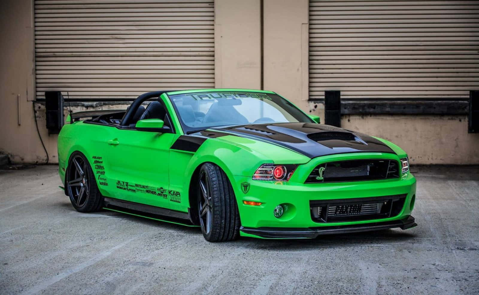 Ford Mustang GT Convertible, lime green, black racing stripes, HD Desktop Wallpaper