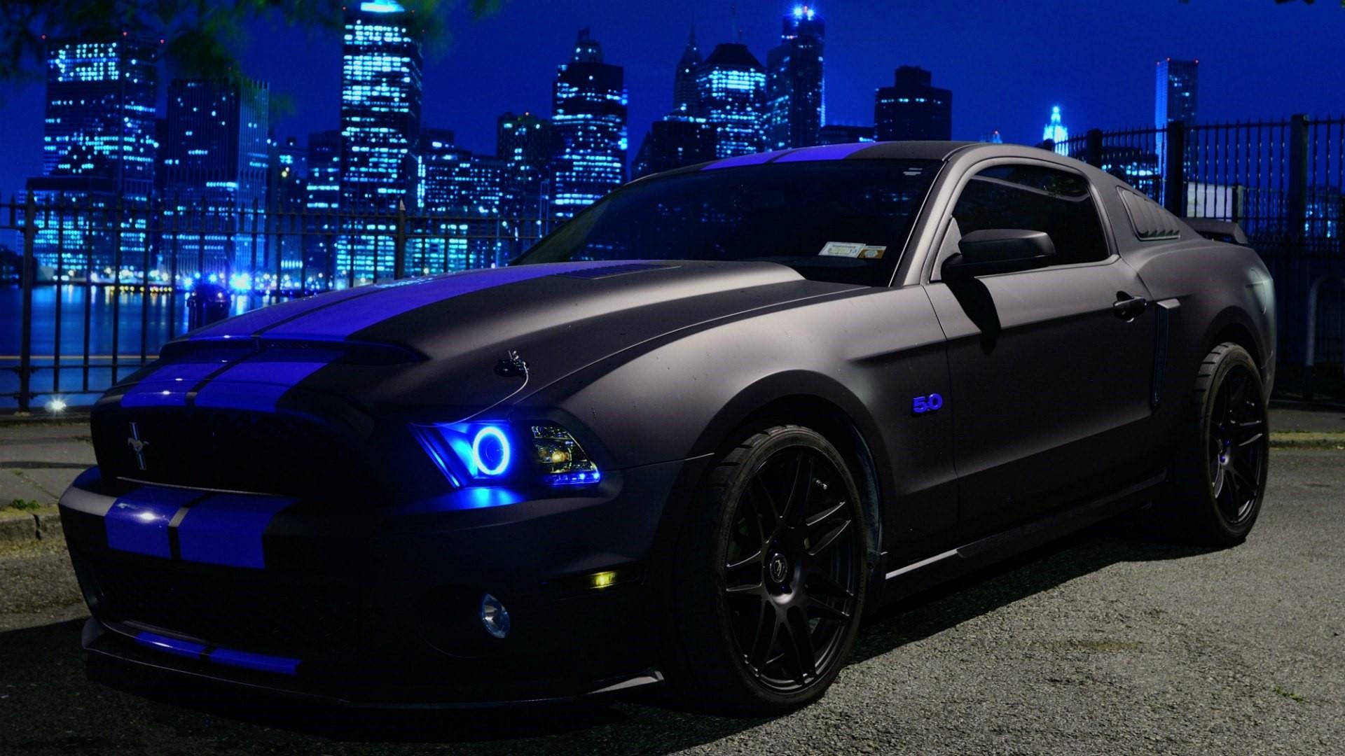 Ford Mustang, matte black, glowing blue accents, Full HD Desktop Wallpaper