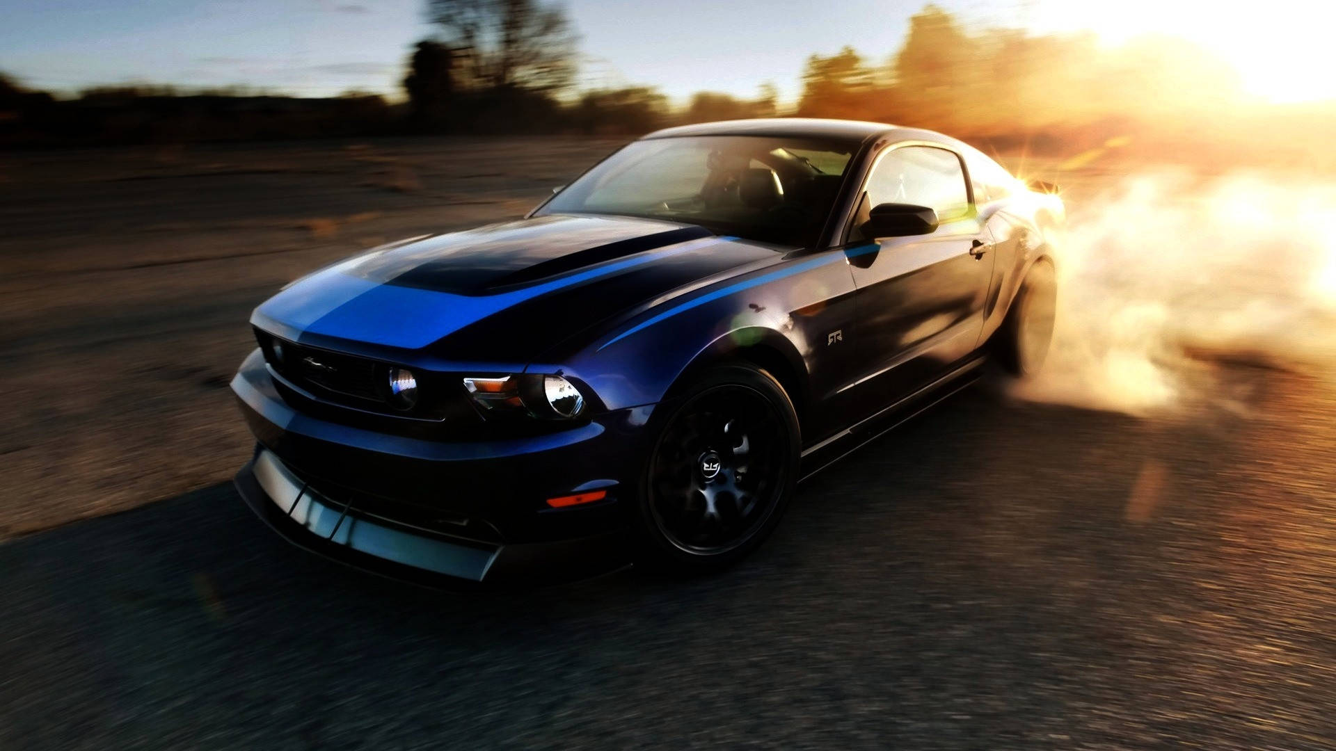 2014 Ford Mustang, blue Ford Mustang, golden sunset backdrop, Full HD Desktop Wallpaper