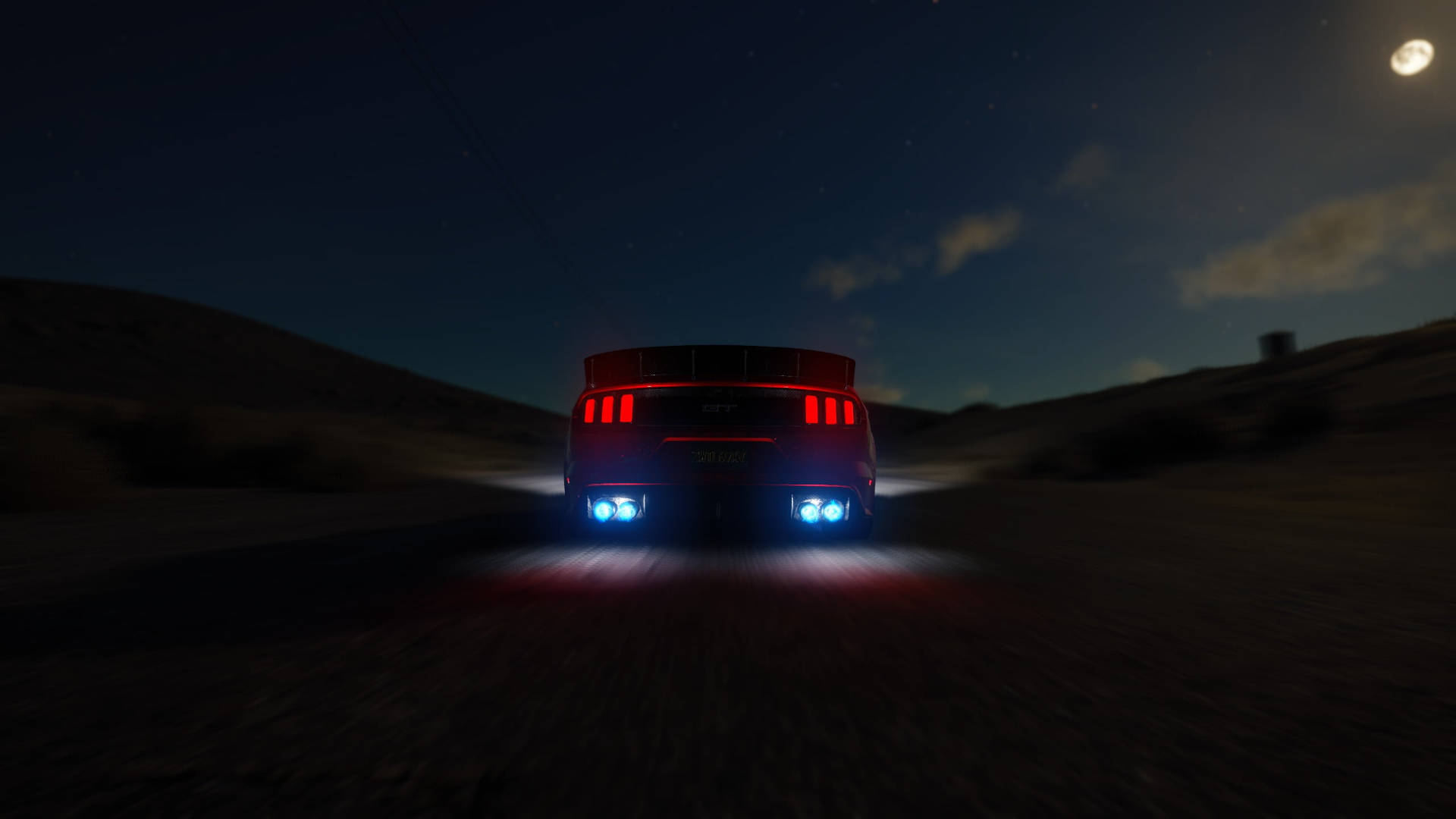 Ford Mustang HD, red sports car, glowing blue exhaust, Full HD Desktop Wallpaper