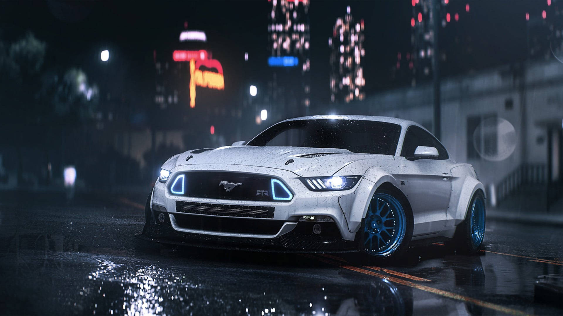 Ford Mustang, white, glowing blue accents, Full HD Desktop Wallpaper