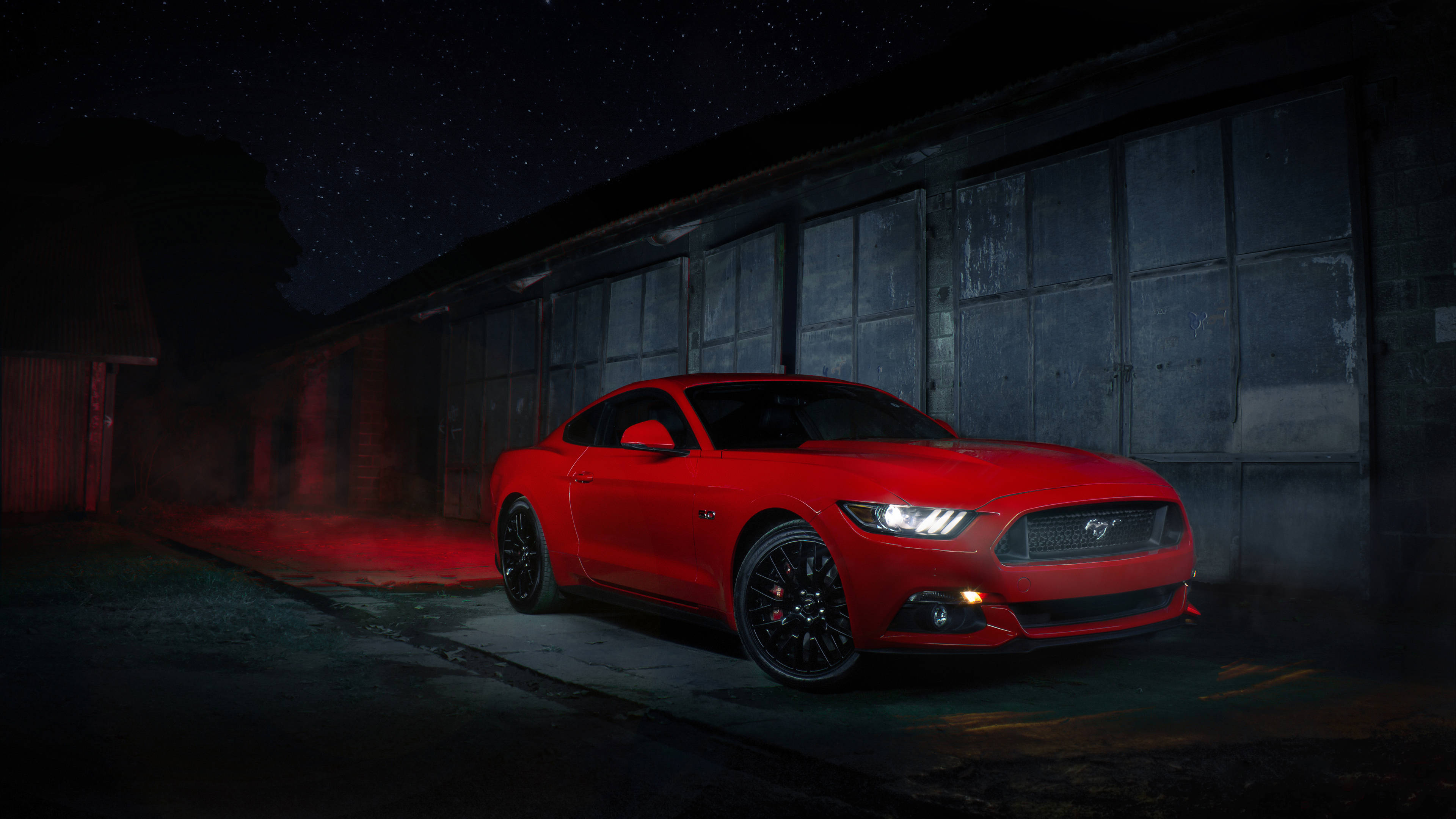 Ford Mustang, vibrant red, starry night skies, 4K Desktop Wallpaper