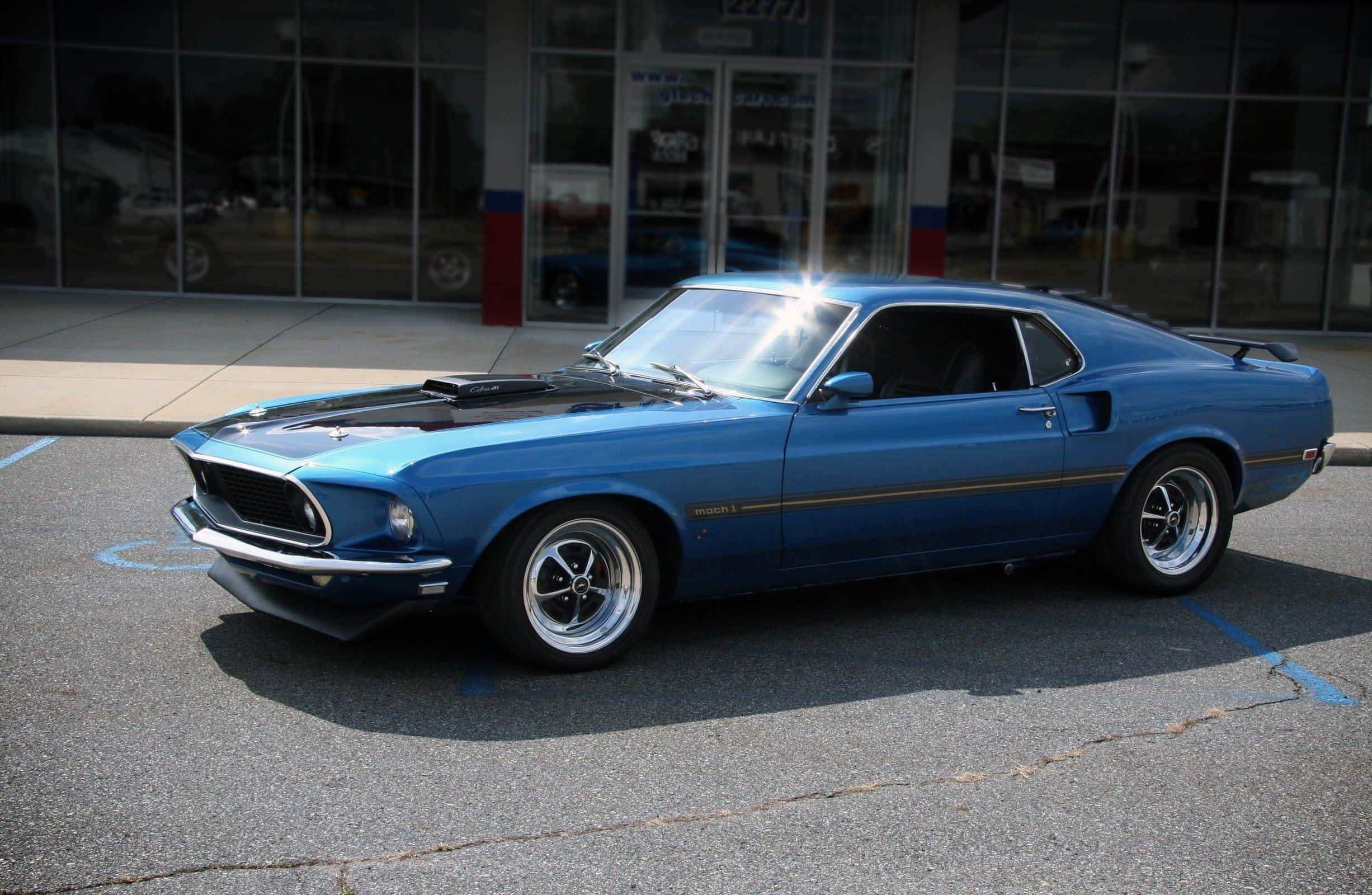 Ford Mustang Mach 1, vibrant blue, black hood stripes, Full HD Desktop Wallpaper