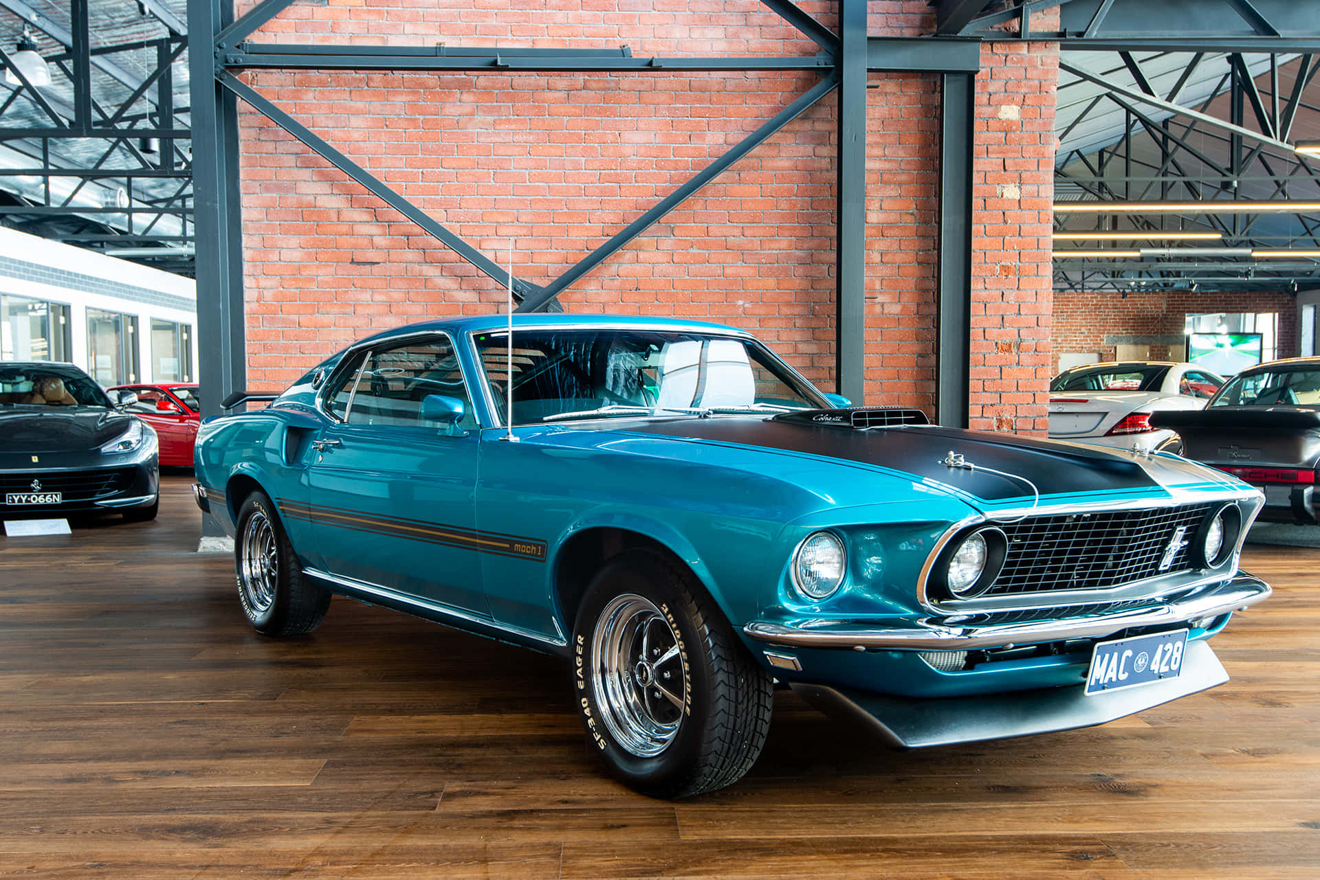 Ford Mustang Mach 1, turquoise, black hood stripes, Full HD Desktop Wallpaper