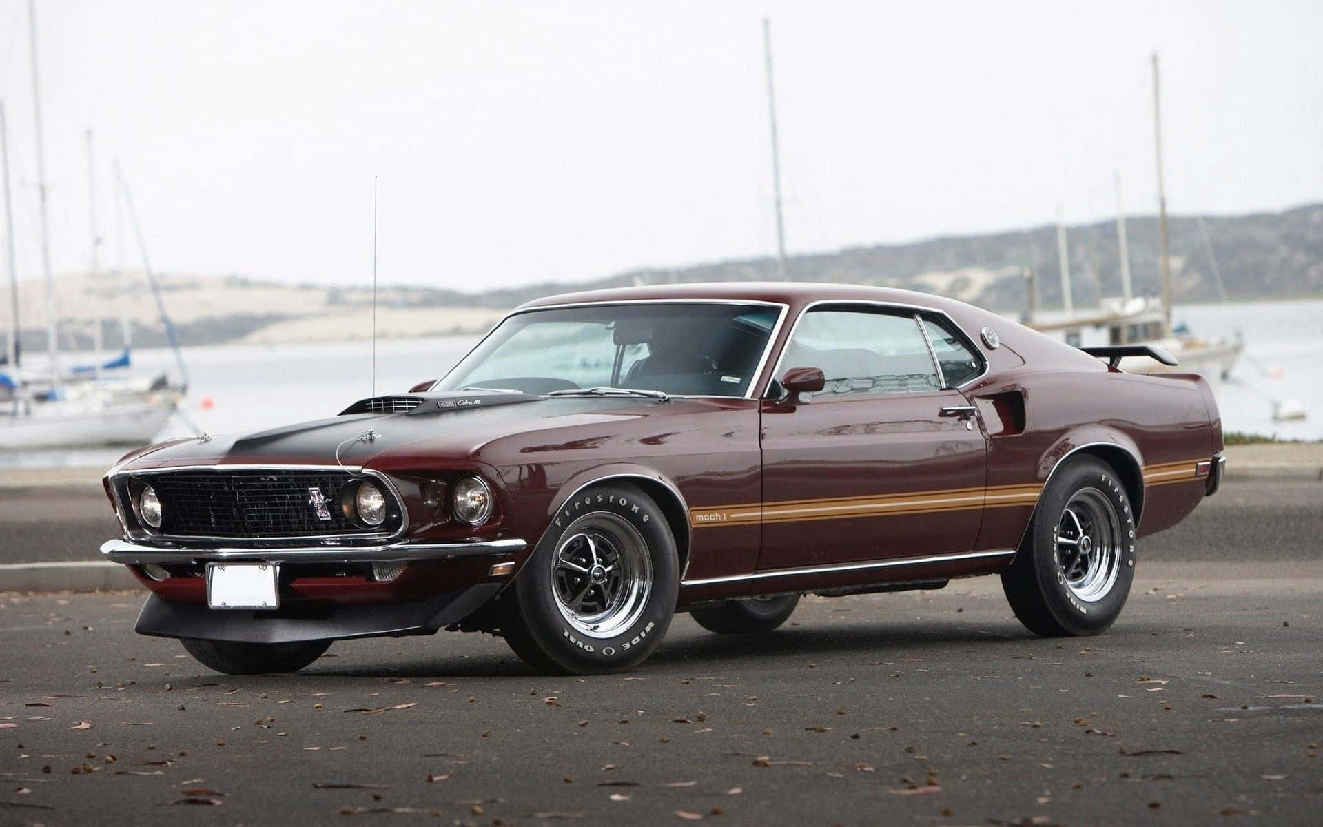 Ford Mustang Mach 1, maroon, gold stripes, Full HD Desktop Wallpaper
