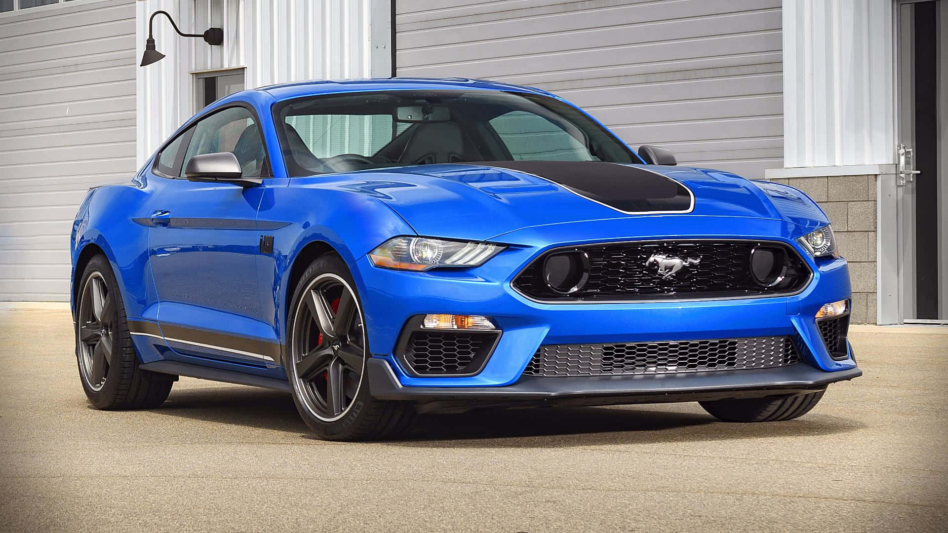 Ford Mustang Mach 1, vibrant blue, black racing stripes, Full HD Desktop Wallpaper