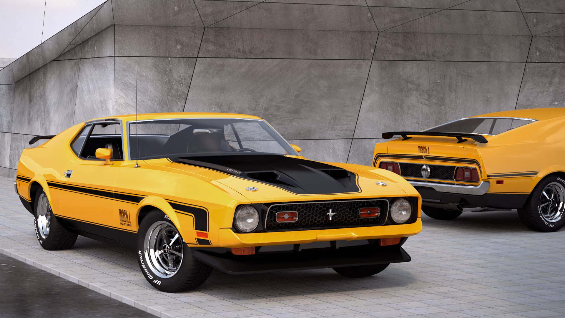 Ford Mustang Mach 1, vibrant yellow, black racing stripes, Full HD Desktop Wallpaper