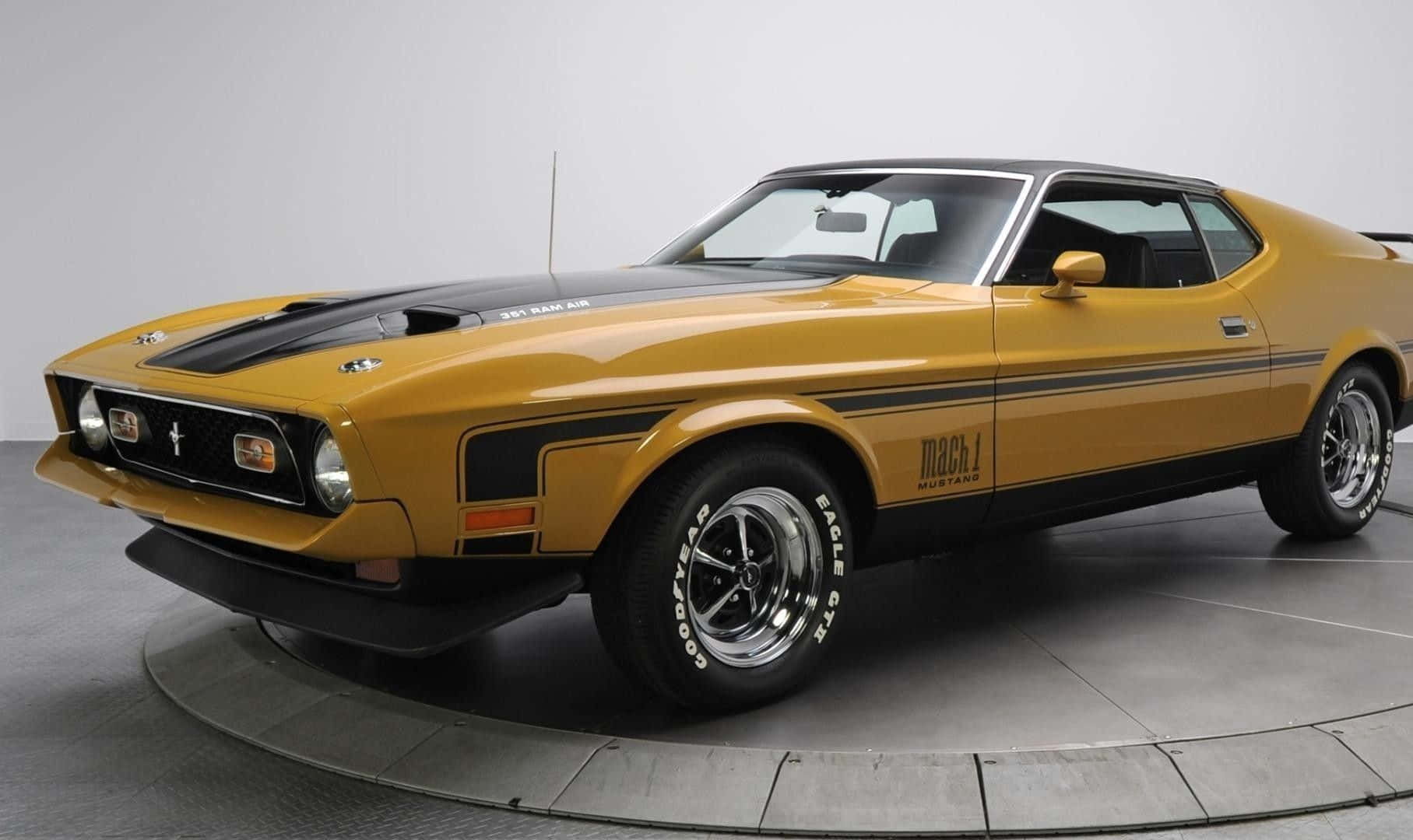 Ford Mustang Mach 1, classic yellow, black racing stripes, HD Desktop Wallpaper