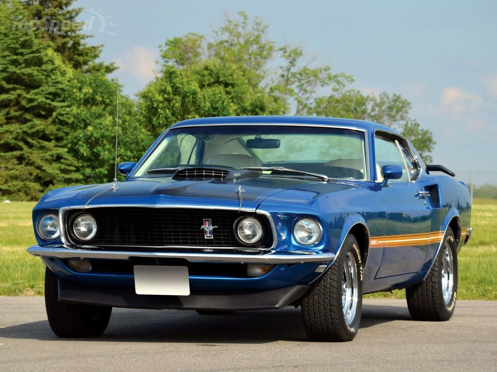 Ford Mustang Mach 1, glossy blue, orange stripe, HD Desktop Wallpaper