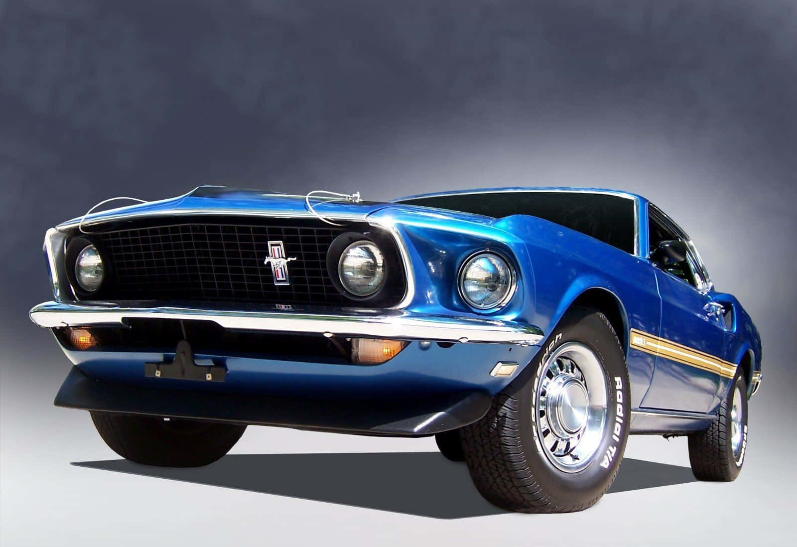 Ford Mustang Mach 1, glossy blue, gold stripes, HD Desktop Wallpaper