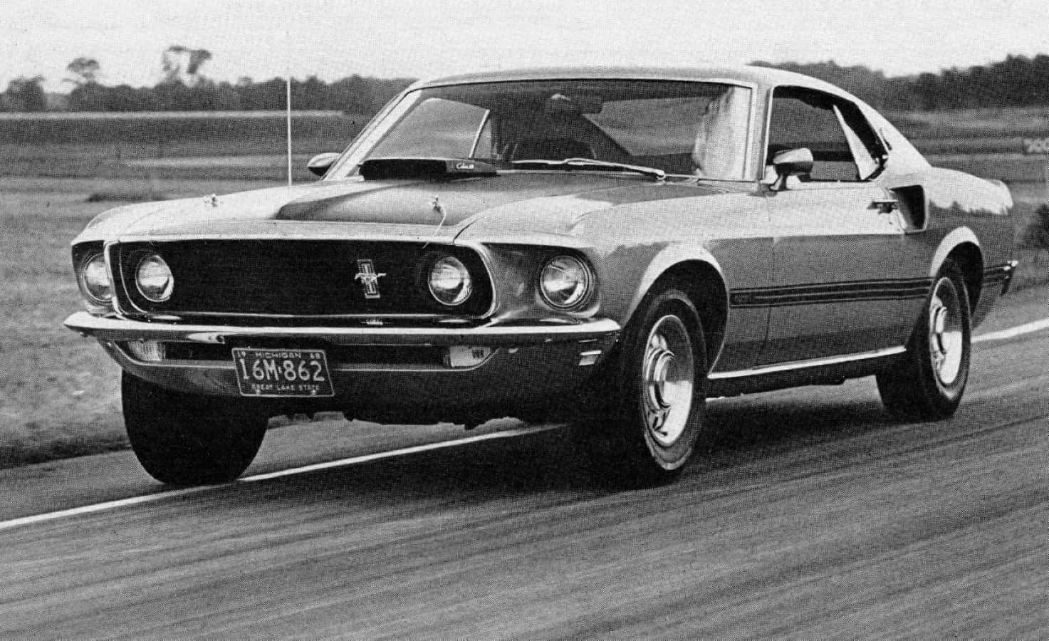 Ford Mustang Mach 1, rural road, black and white photo, HD Desktop Wallpaper