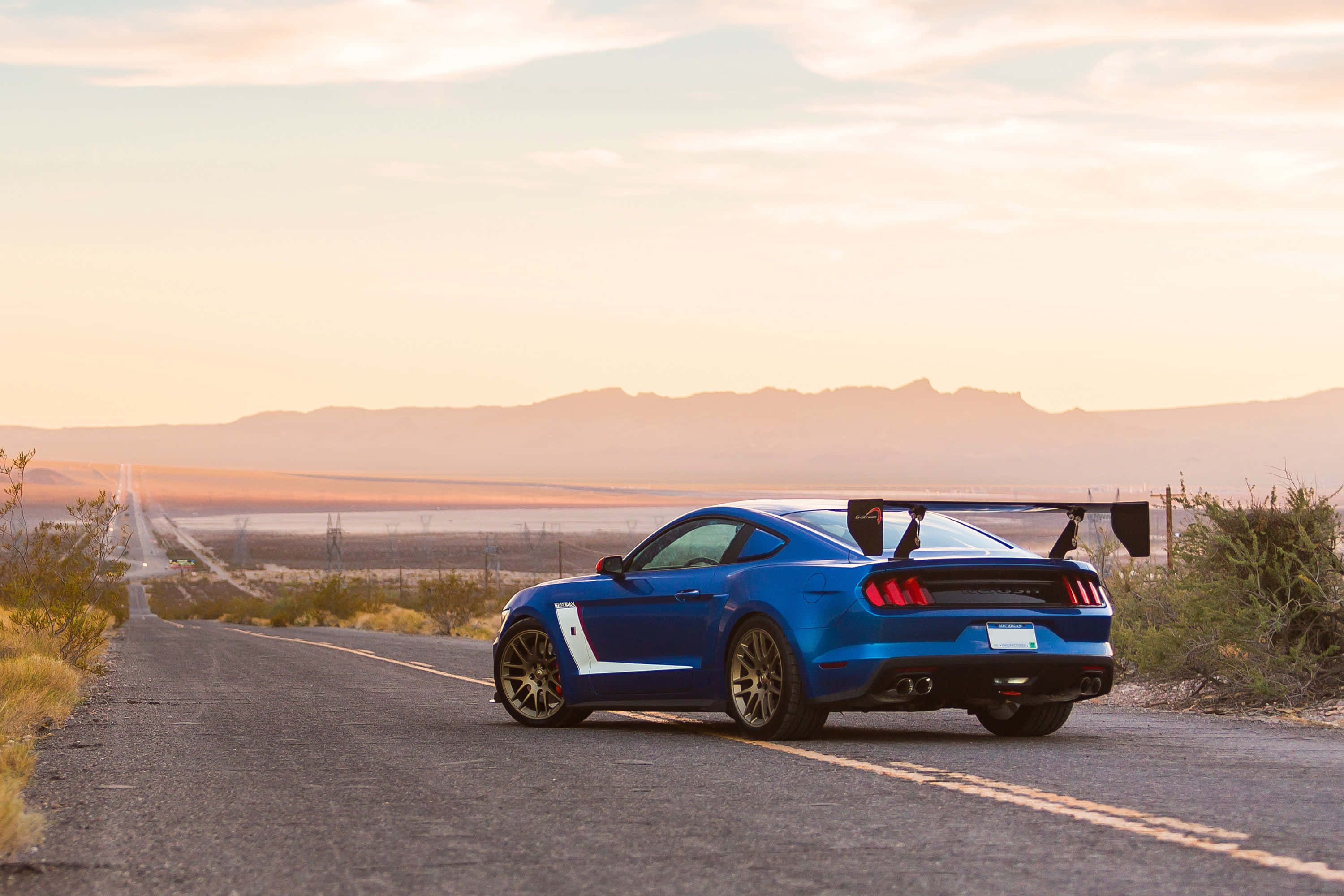 Ford Mustang Roush, vibrant blue, large rear wing, 2K Desktop Wallpaper