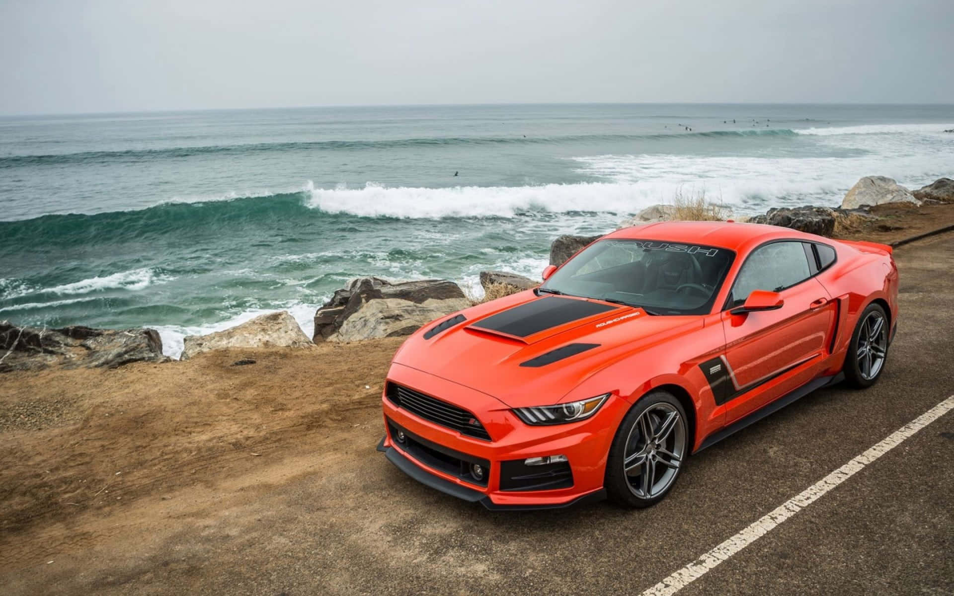 Ford Mustang Roush, vibrant orange, coastal cliff, Full HD Desktop Wallpaper
