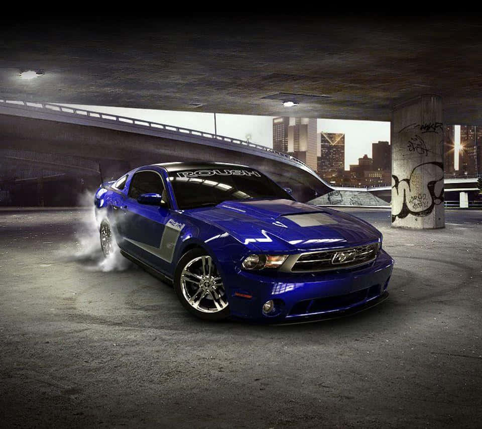 Ford Mustang Roush, vibrant blue, concrete overpass, SD Desktop Wallpaper