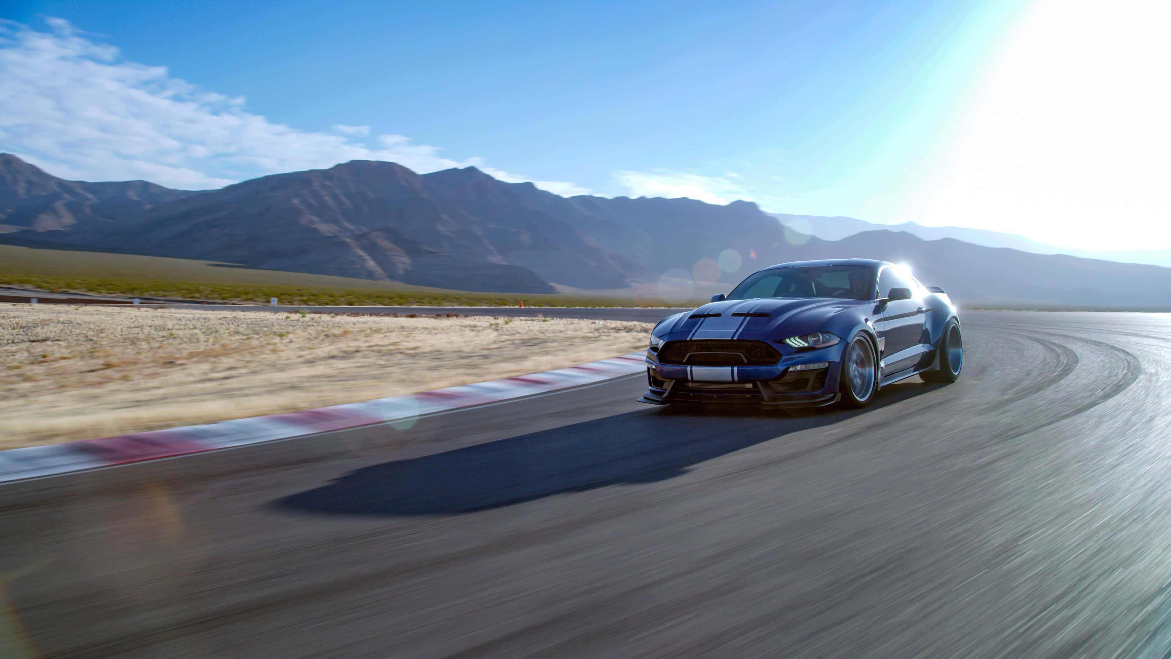 Ford Mustang Shelby GT350, blue, desert racetrack, 4K Desktop Wallpaper