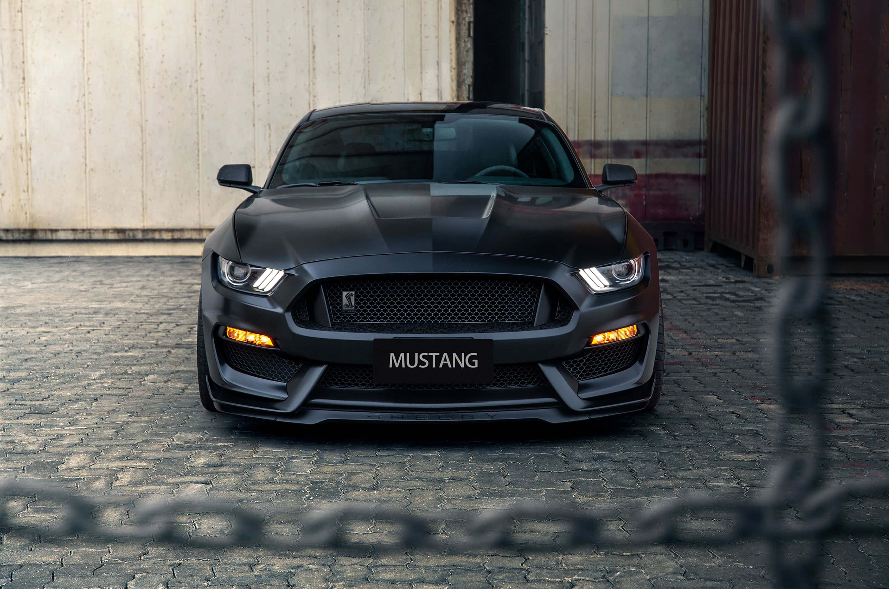 Ford Mustang Shelby GT350, matte black, glowing headlights, 2K Desktop Wallpaper