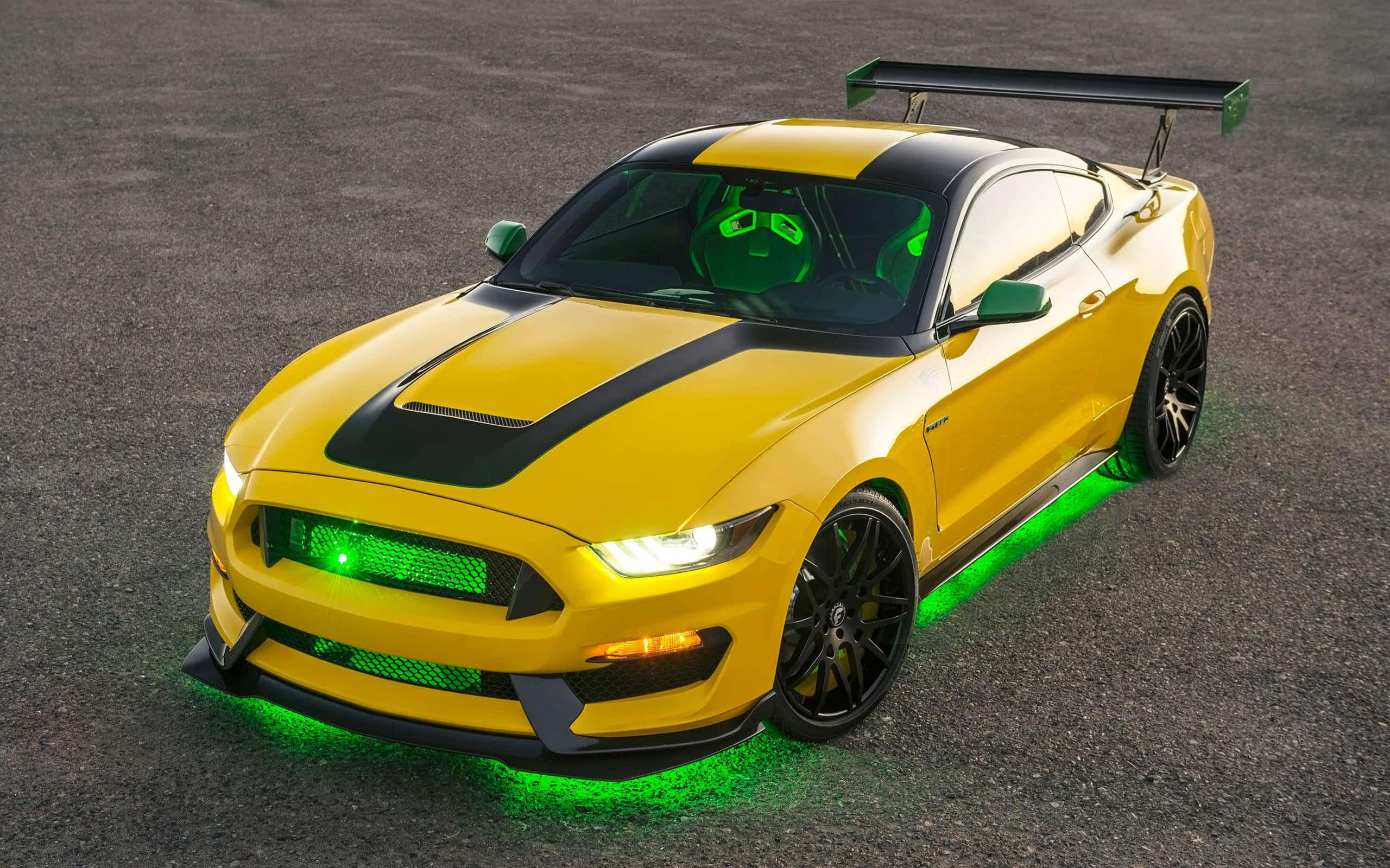 Ford Mustang Shelby GT350, vibrant yellow, black racing stripes, 2K Desktop Wallpaper