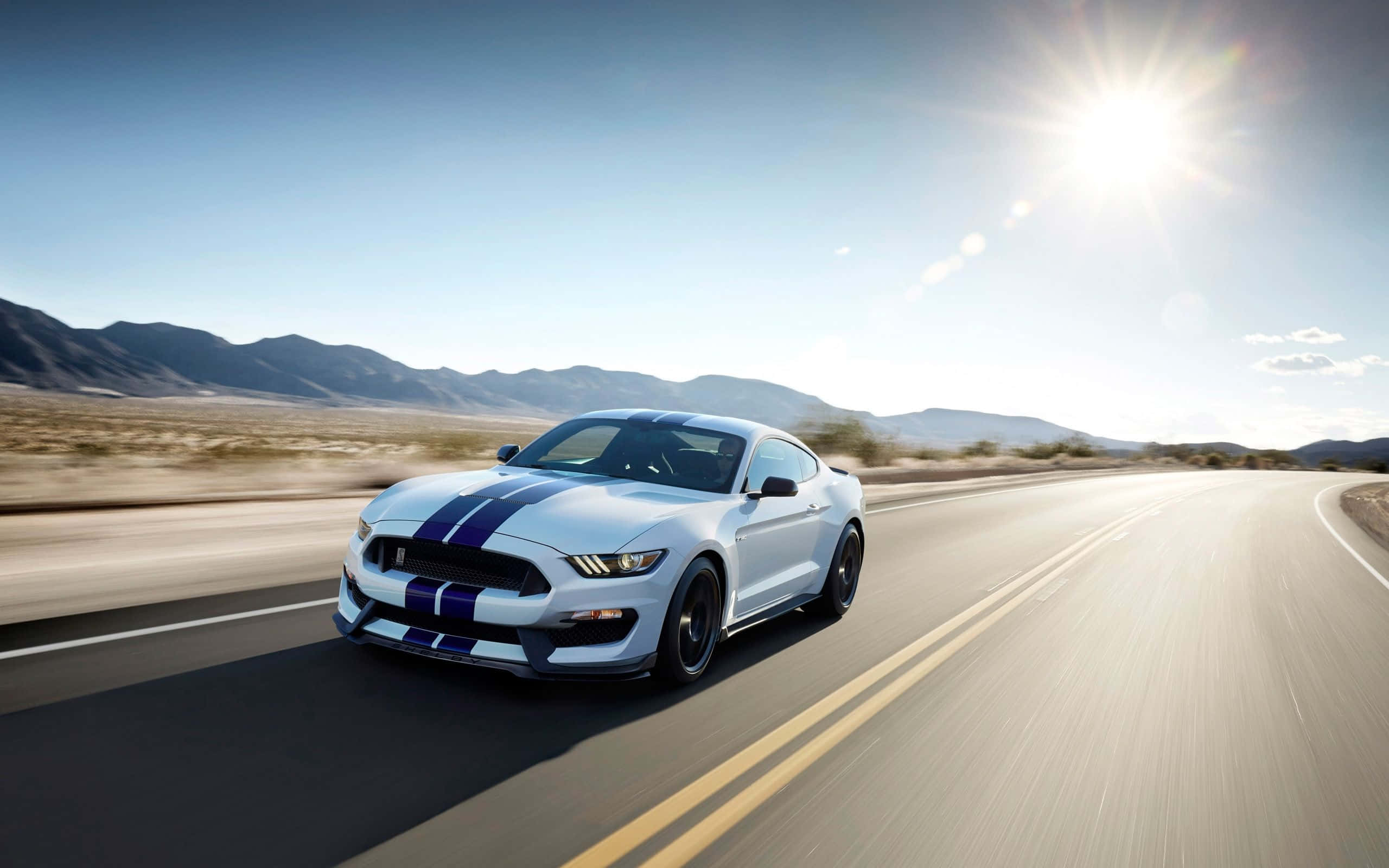 Ford Mustang Shelby GT350, white, blue racing stripes, 2K Desktop Wallpaper