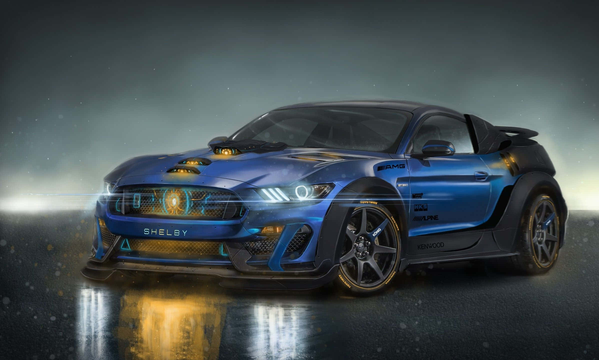Ford Mustang Shelby GT350, blue, glowing headlights, Full HD Desktop Wallpaper