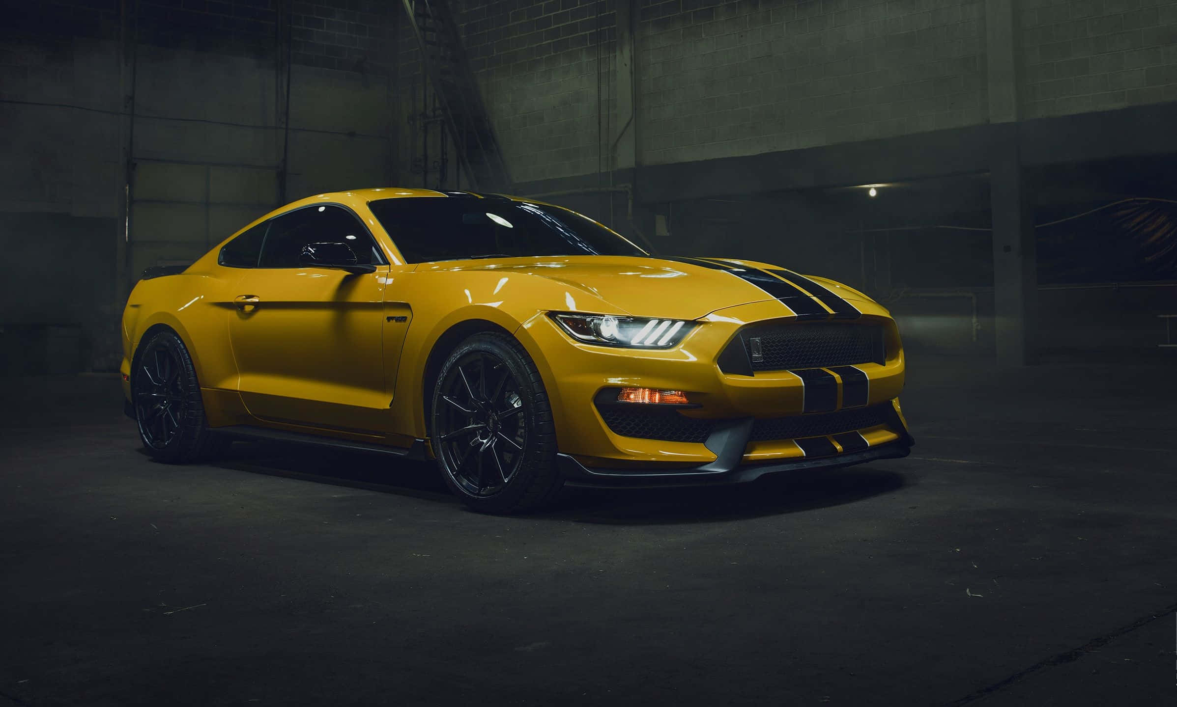 Ford Mustang Shelby GT350, vibrant yellow, black racing stripes, Full HD Desktop Wallpaper