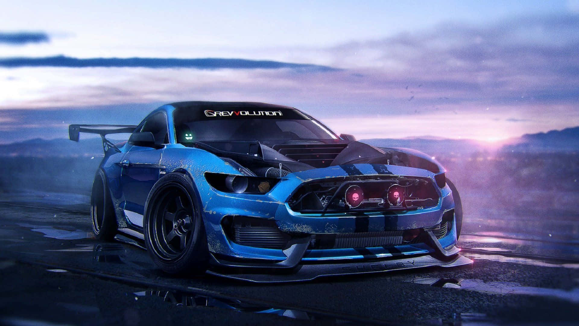 Ford Mustang Shelby GT350, blue, wet road, Full HD Desktop Wallpaper