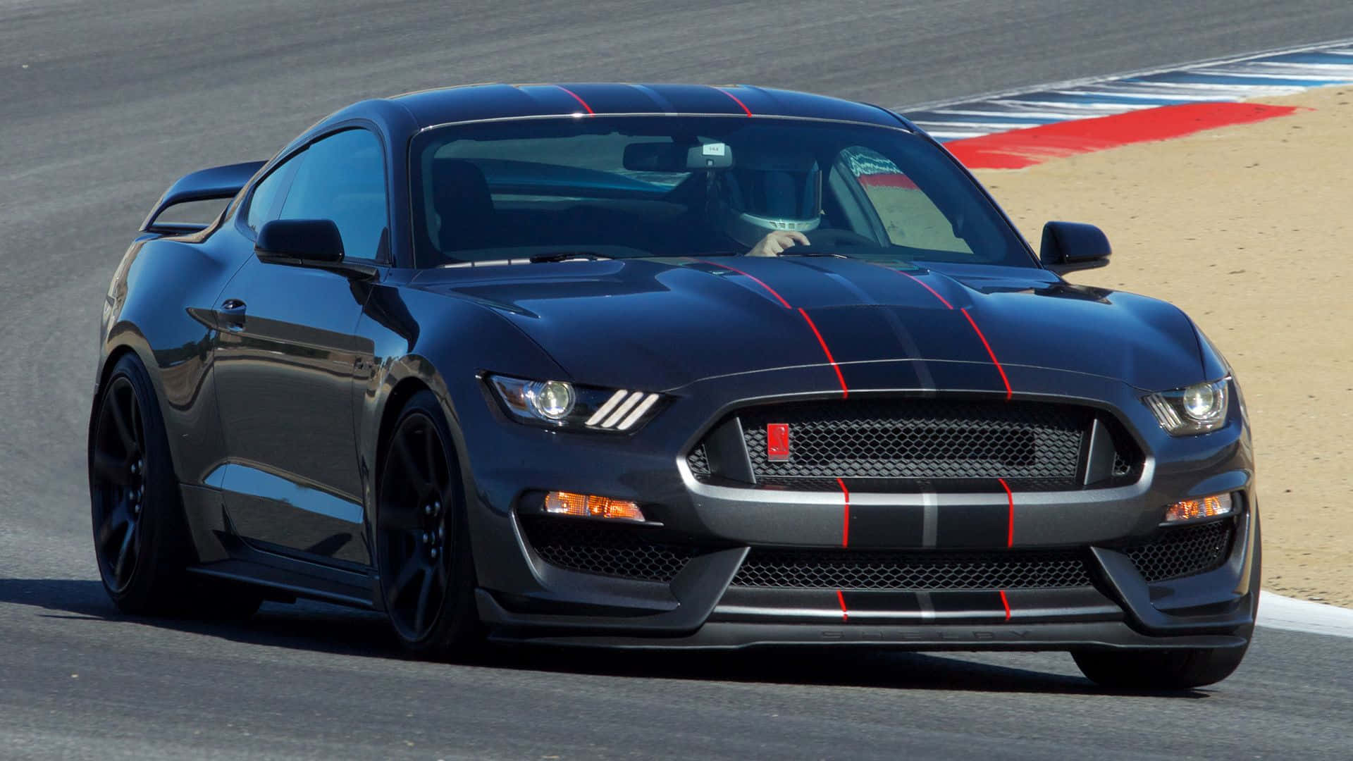 Ford Mustang Shelby GT350, black, red racing stripes, Full HD Desktop Wallpaper