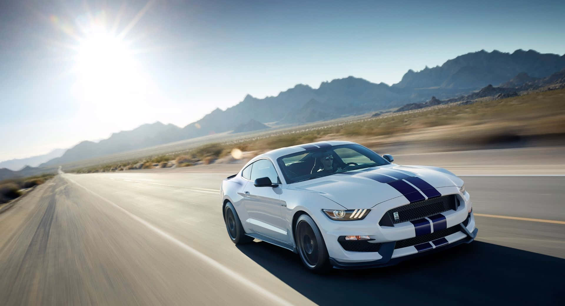 Ford Mustang Shelby GT350, white, blue racing stripes, Full HD Desktop Wallpaper
