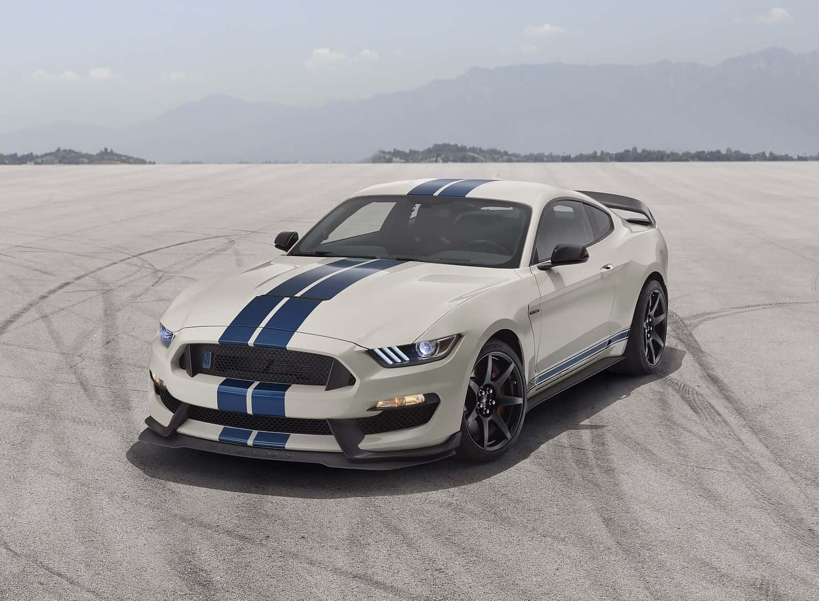 Ford Mustang Shelby GT350, white, blue racing stripes, HD Desktop Wallpaper