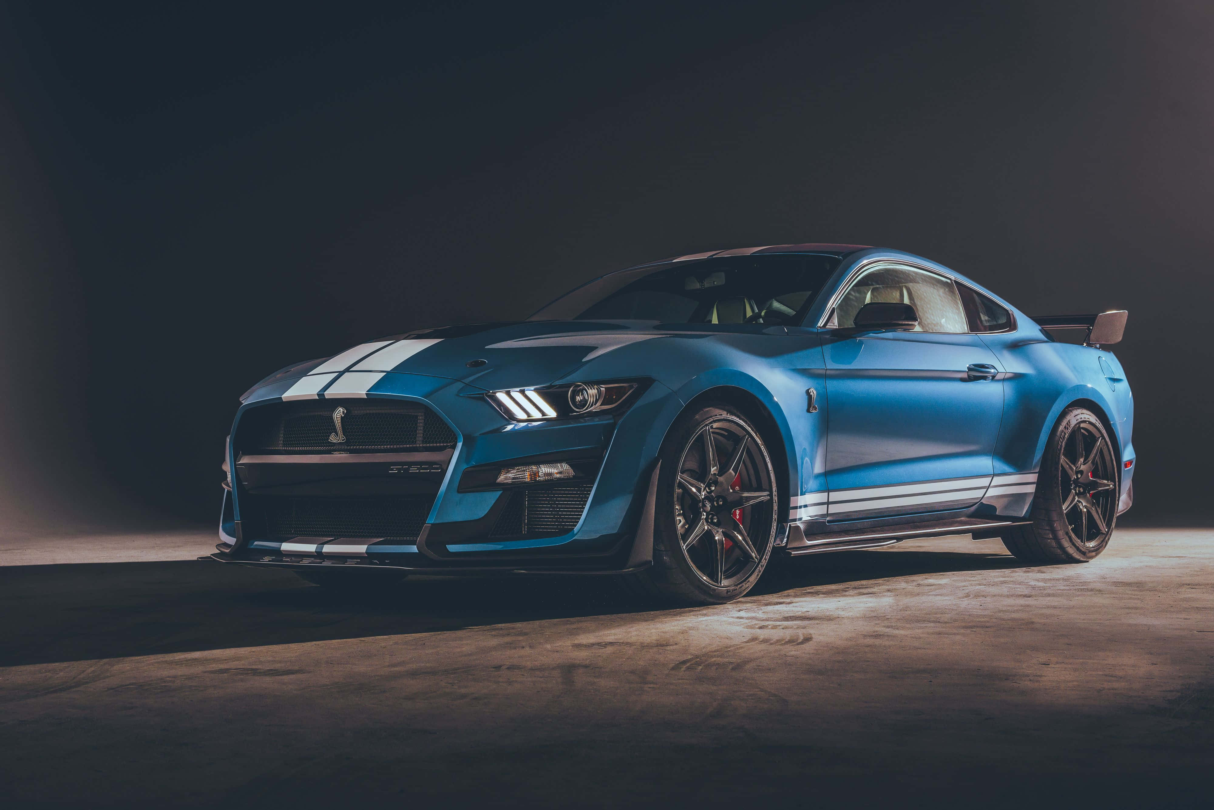 Ford Mustang Shelby GT500, blue, white racing stripes, 4K Desktop Wallpaper