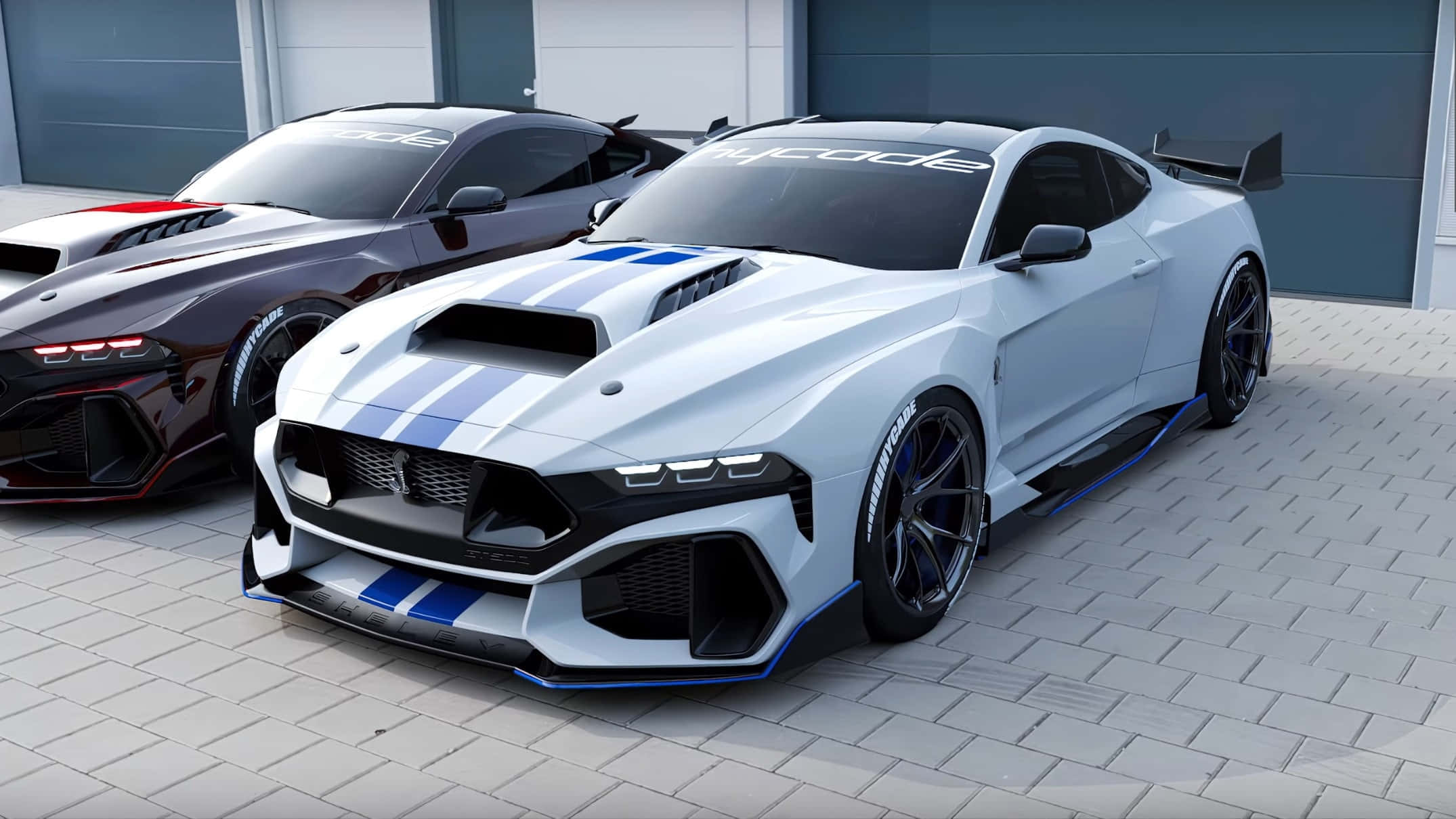 Ford Mustang Shelby GT500, white, bold blue stripes, Full HD Desktop Wallpaper