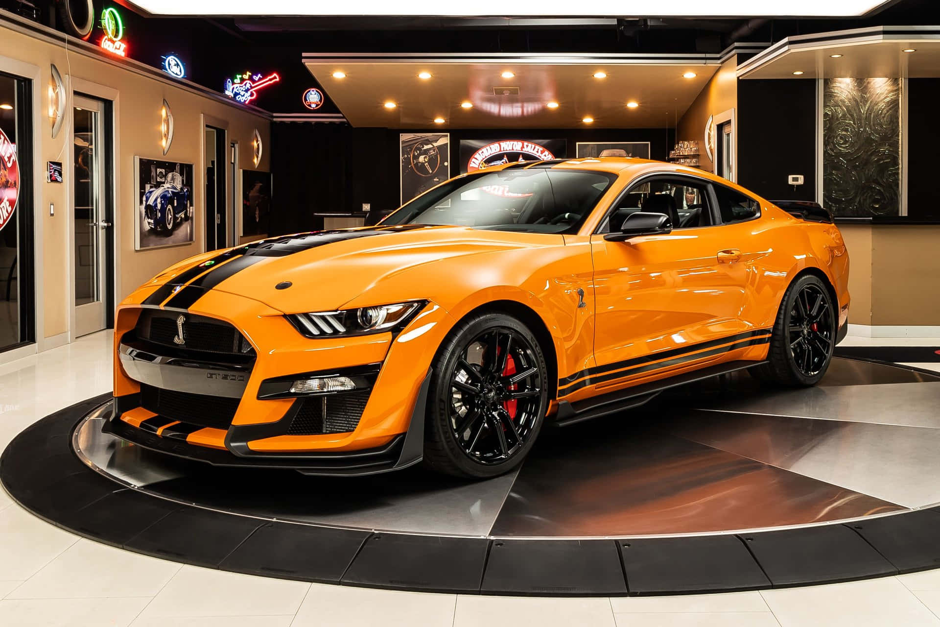 Ford Mustang Shelby GT500, orange, black racing stripes, Full HD Desktop Wallpaper