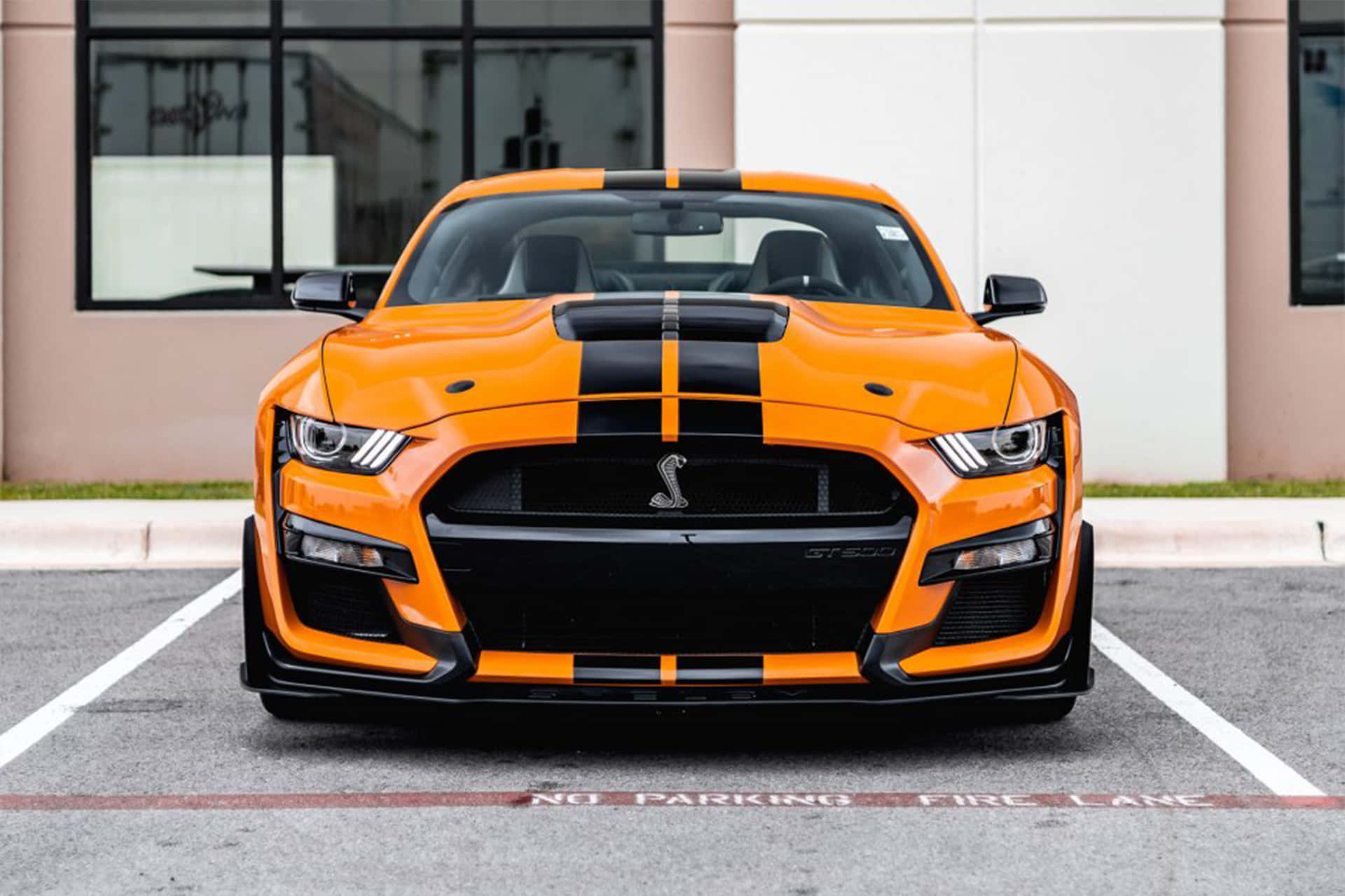 Ford Mustang Shelby GT500, orange, black racing stripes, Full HD Desktop Wallpaper