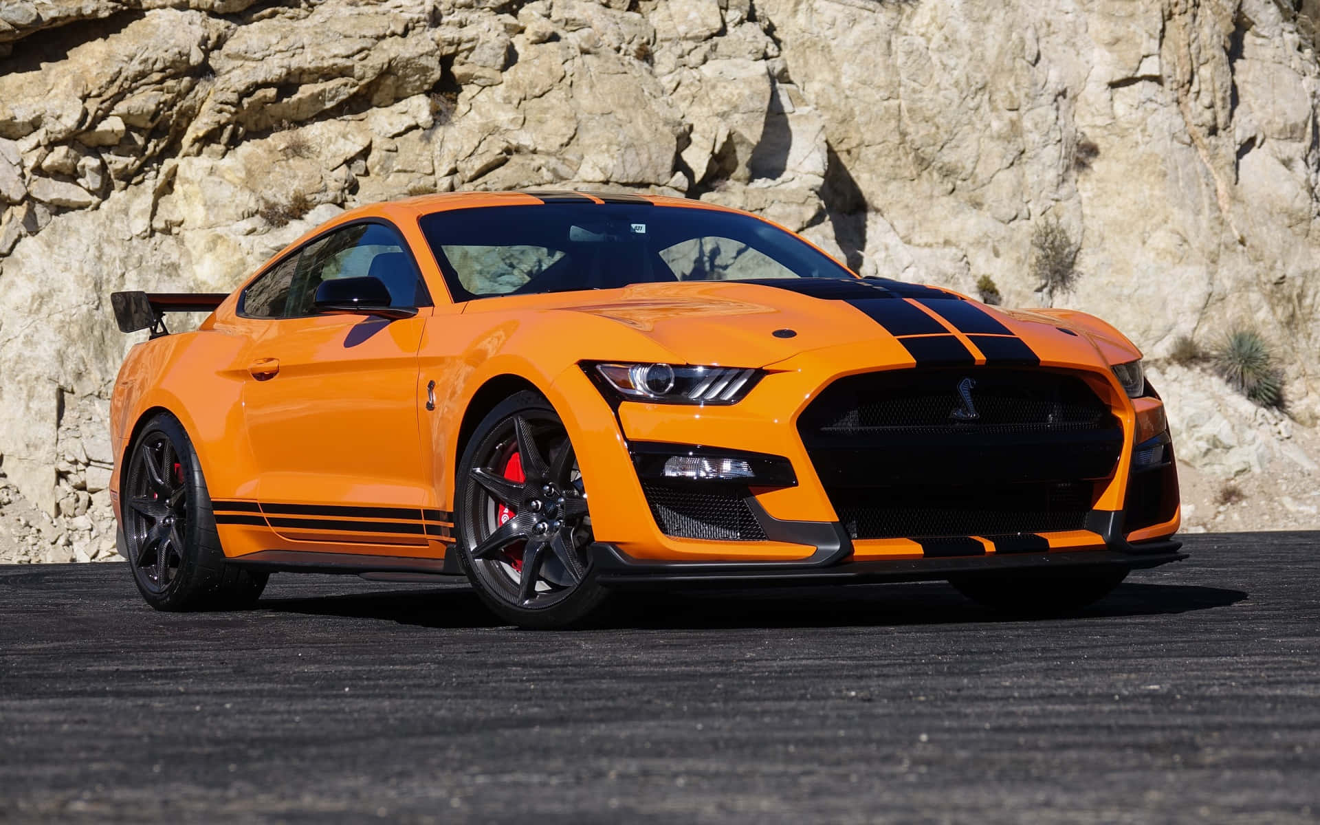 Ford Mustang Shelby GT500, orange, black racing stripes, Full HD Desktop Wallpaper
