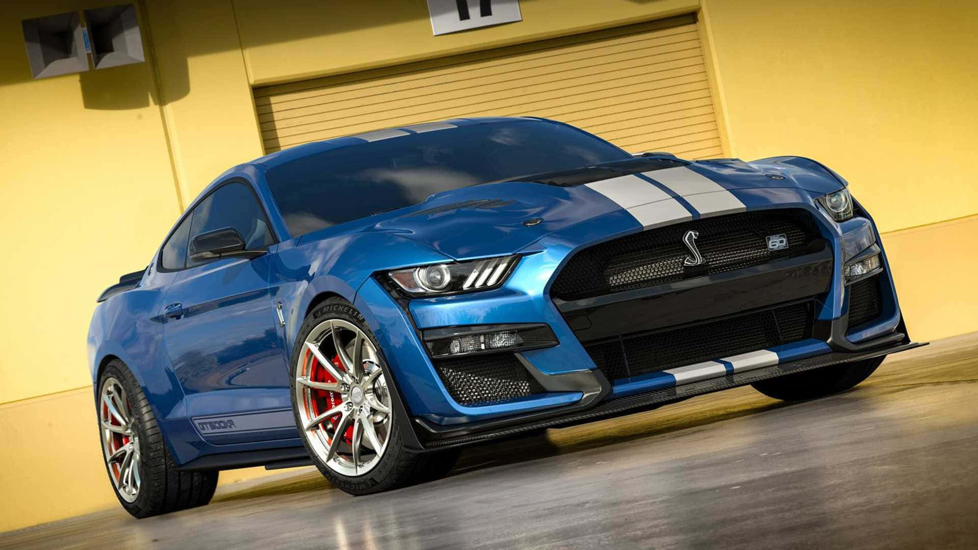 Ford Mustang Shelby GT500, vibrant blue, white racing stripes, Full HD Desktop Wallpaper