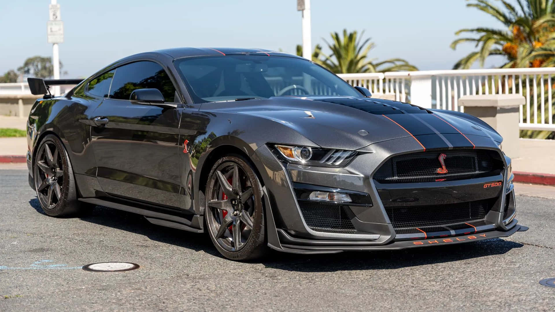 Ford Mustang Shelby GT500, matte gray, orange racing stripes, Full HD Desktop Wallpaper