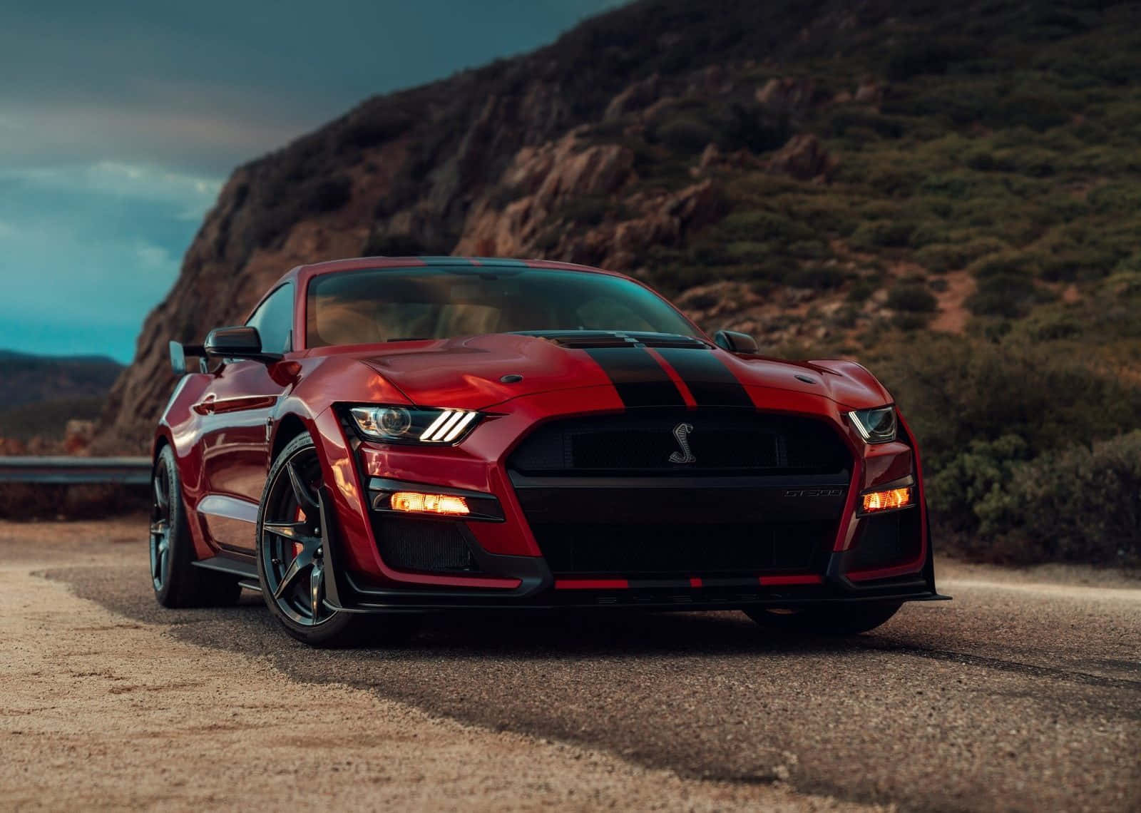 Ford Mustang Shelby GT500, glossy red, black racing stripes, HD Desktop Wallpaper
