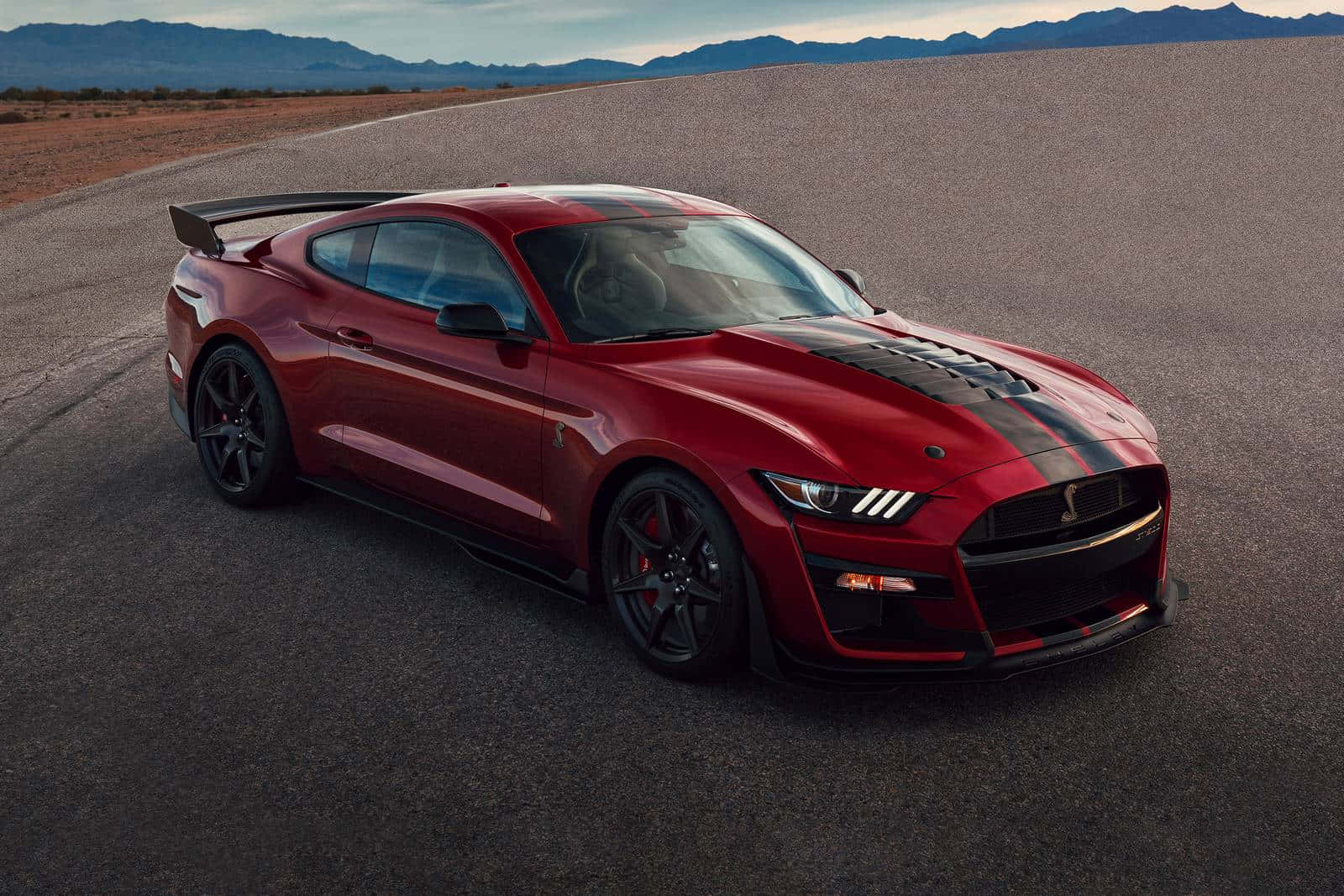 Red Ford Mustang Shelby GT500, black racing stripes, desert road, HD Desktop Wallpaper