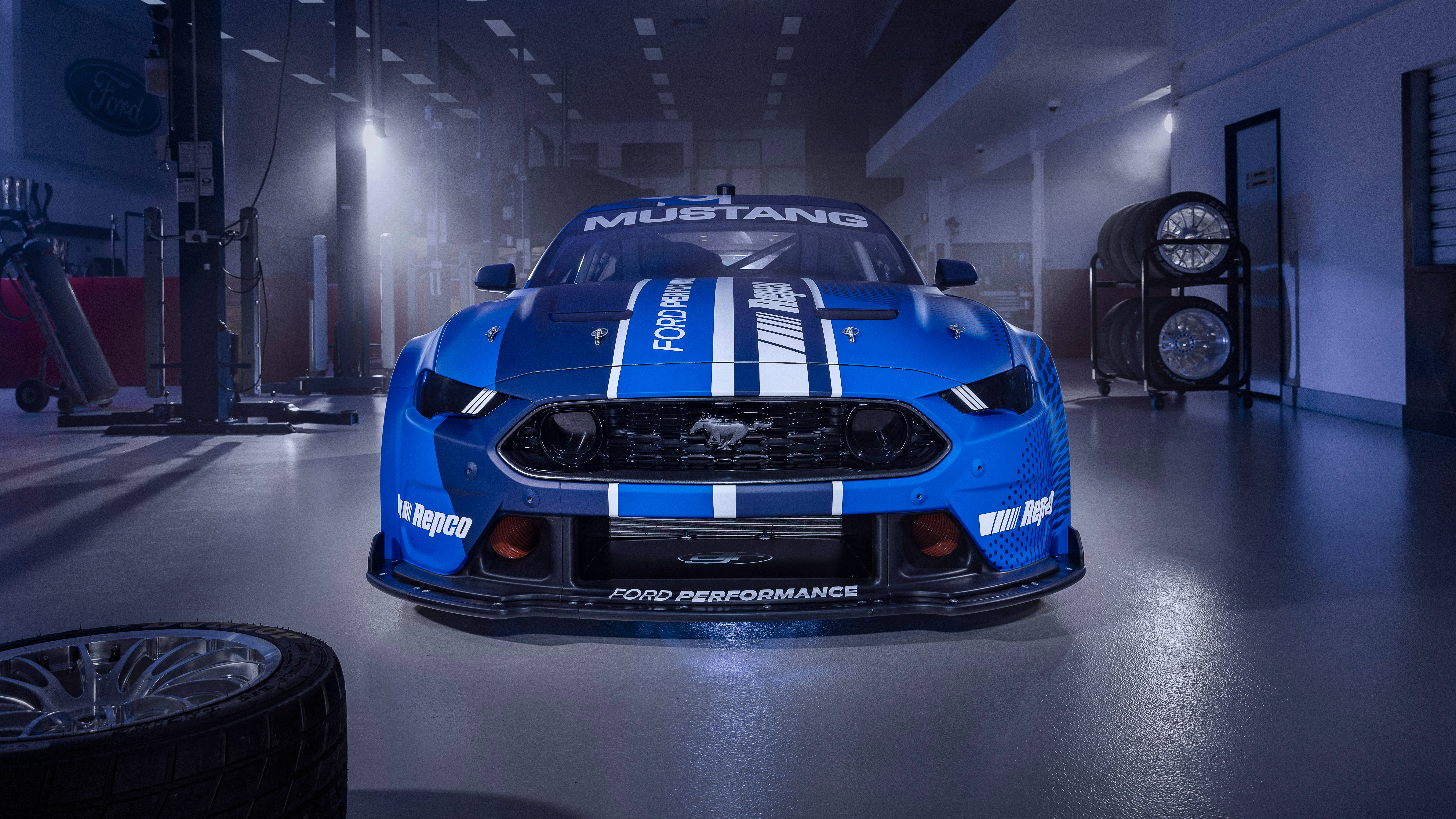 Ford Mustang, vibrant blue, white stripes, 8K Desktop Wallpaper