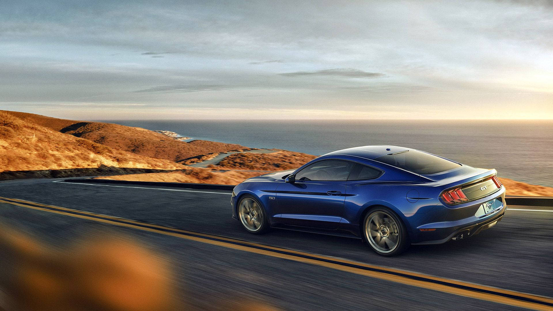 Ford Mustang, sleek blue sports car, coastal road, Full HD Desktop Wallpaper