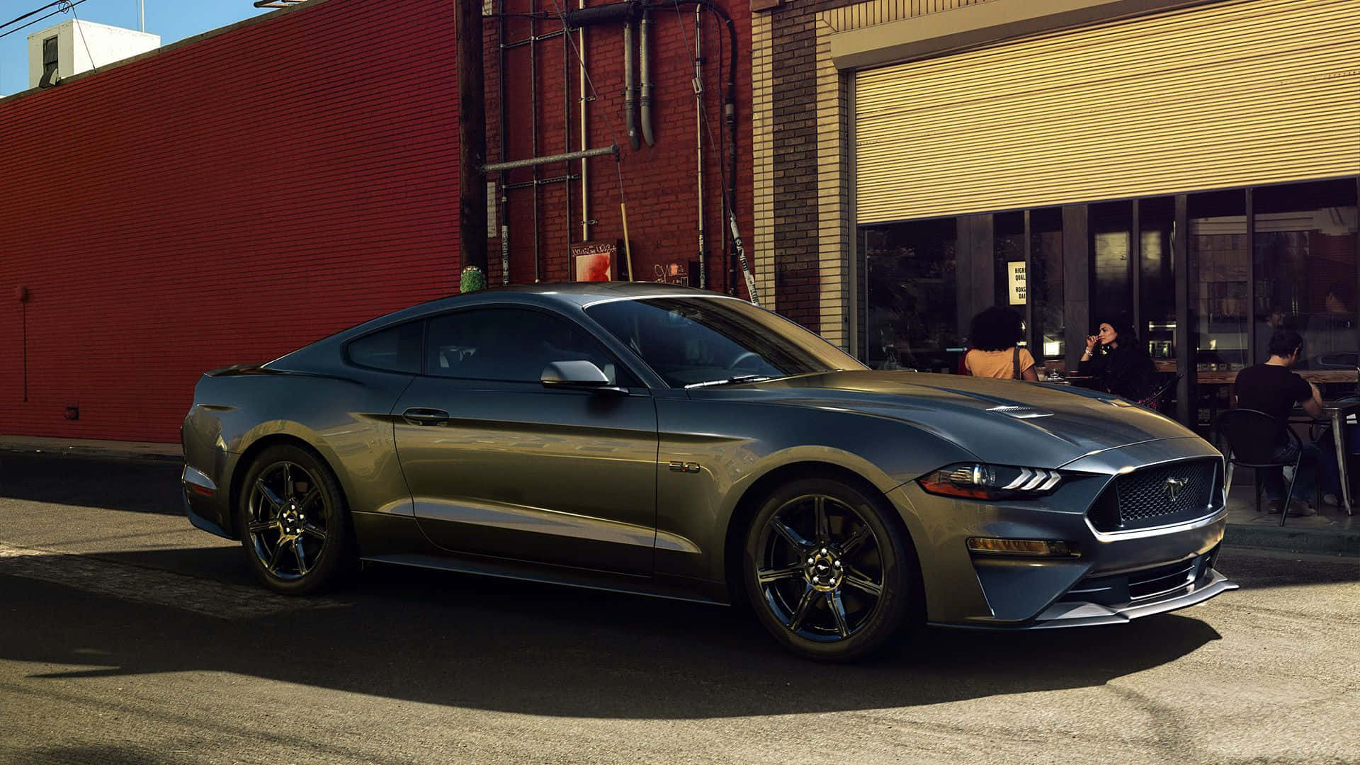 Ford Mustang 2018, metallic gray, sunlit urban street, Full HD Desktop Wallpaper