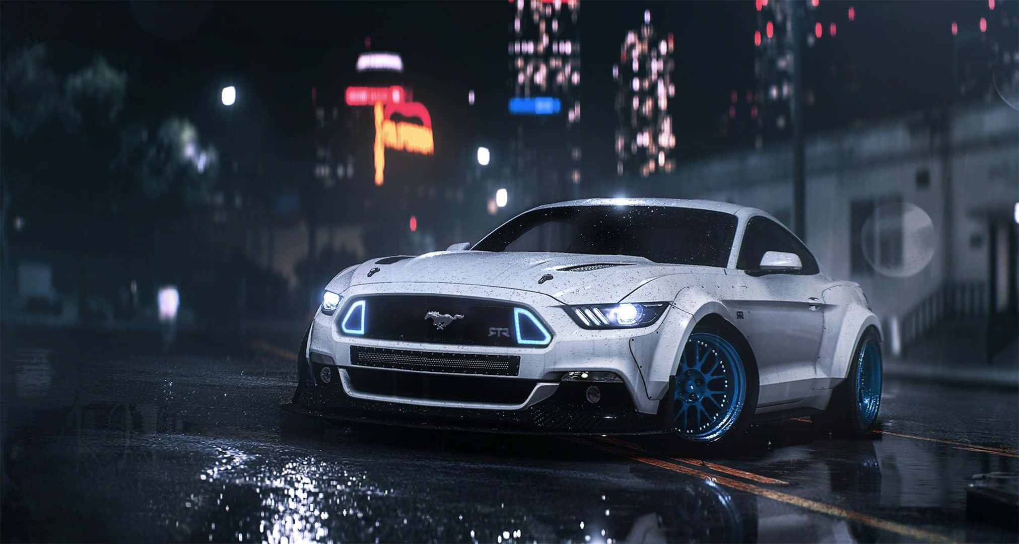 Ford Mustang, white, glowing blue accents, Full HD Desktop Wallpaper
