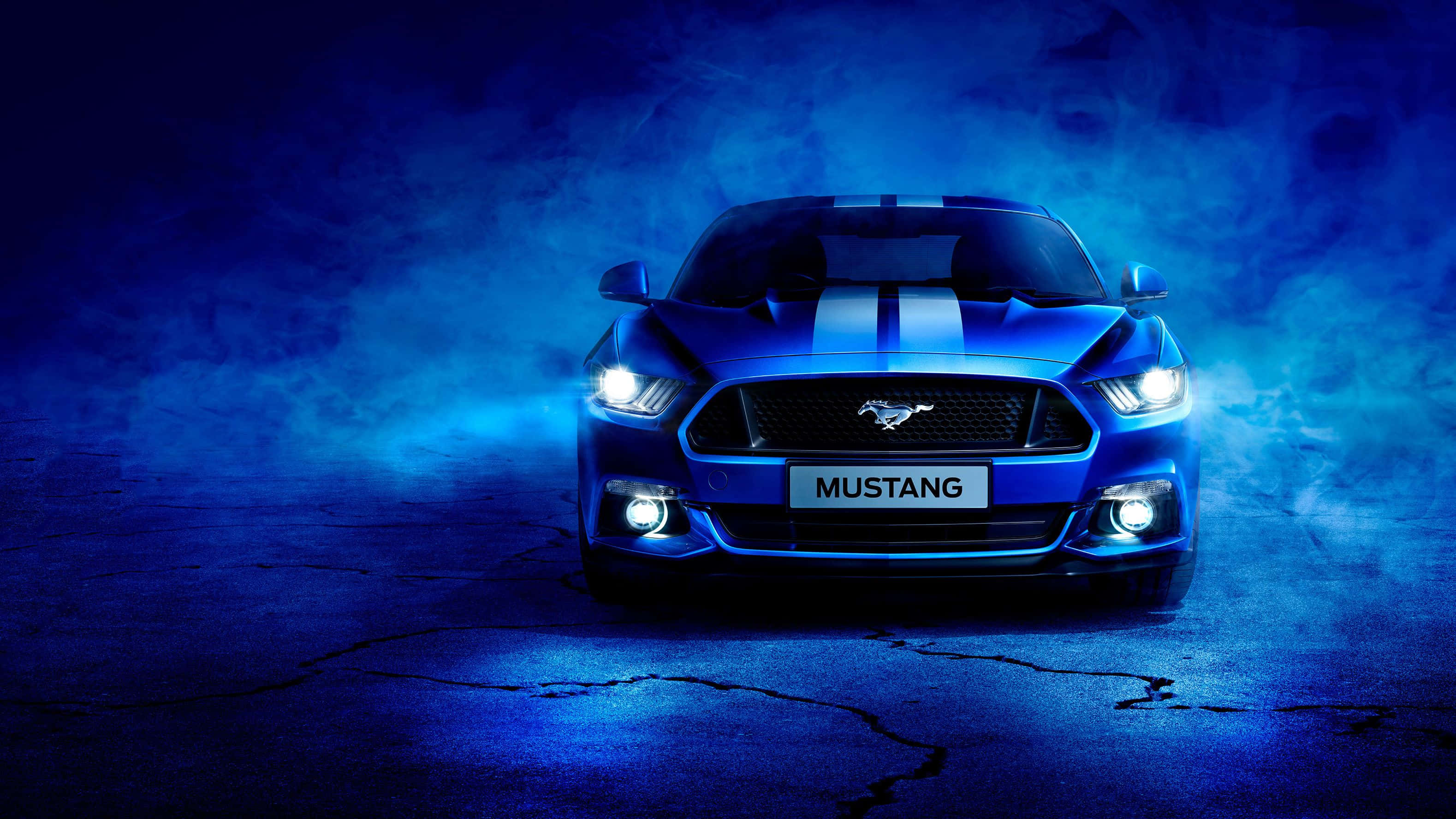 blue Ford Mustang, white stripes, headlights, 2K Desktop Wallpaper