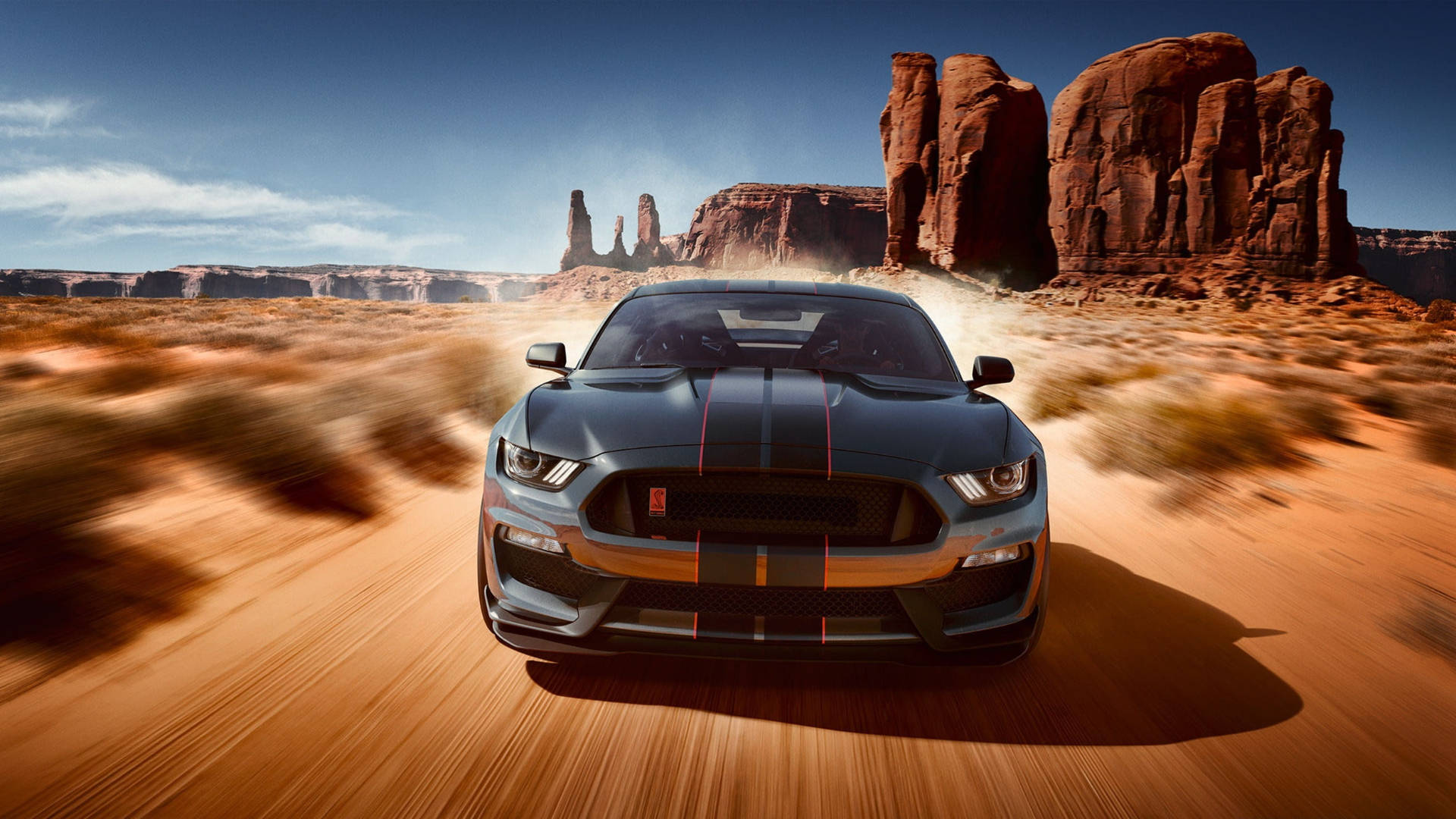 black Ford Mustang, desert, red rock formations, Full HD Desktop Wallpaper