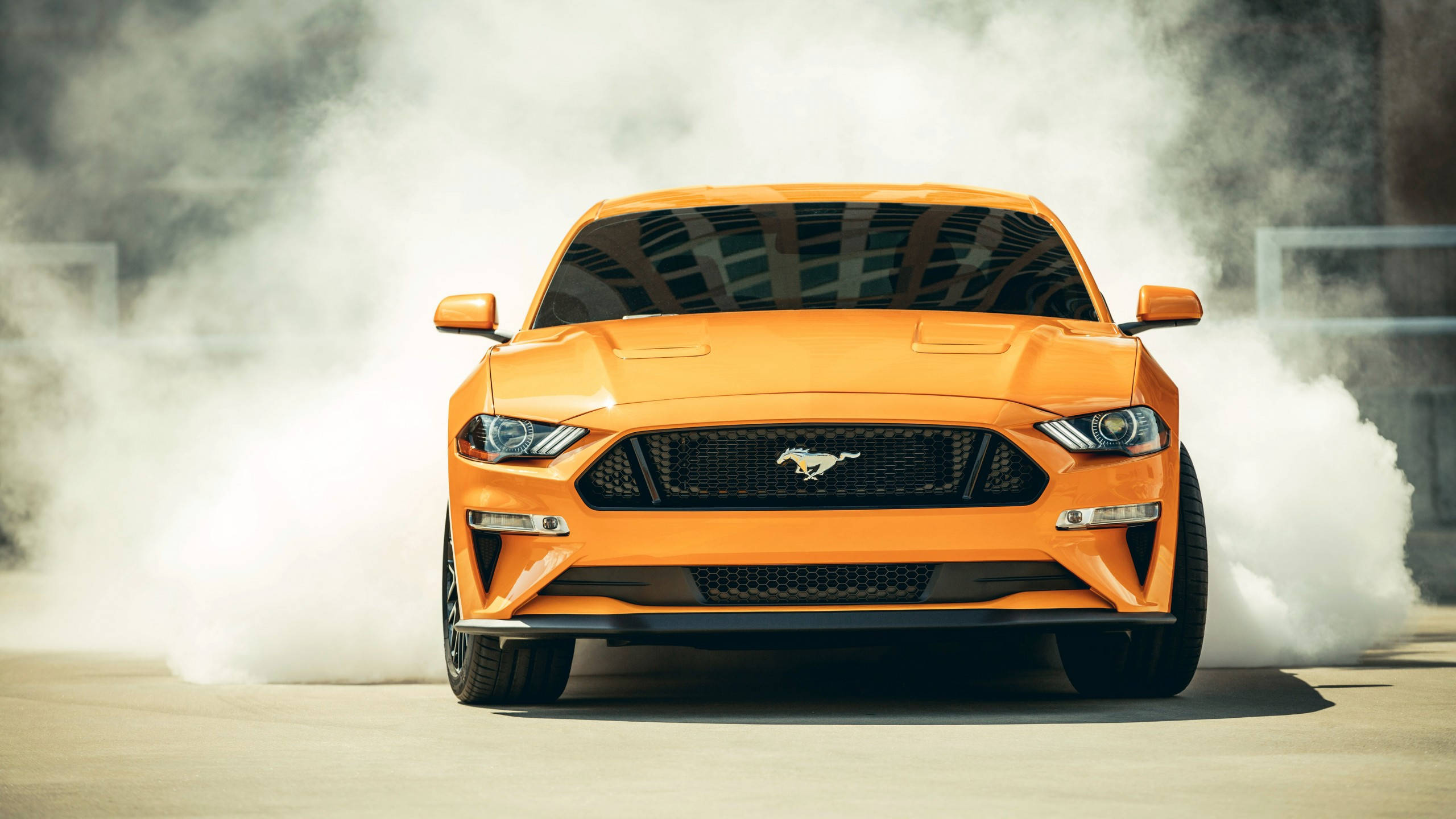 2019 Ford Mustang, vibrant orange, concrete lot, 2K Desktop Wallpaper