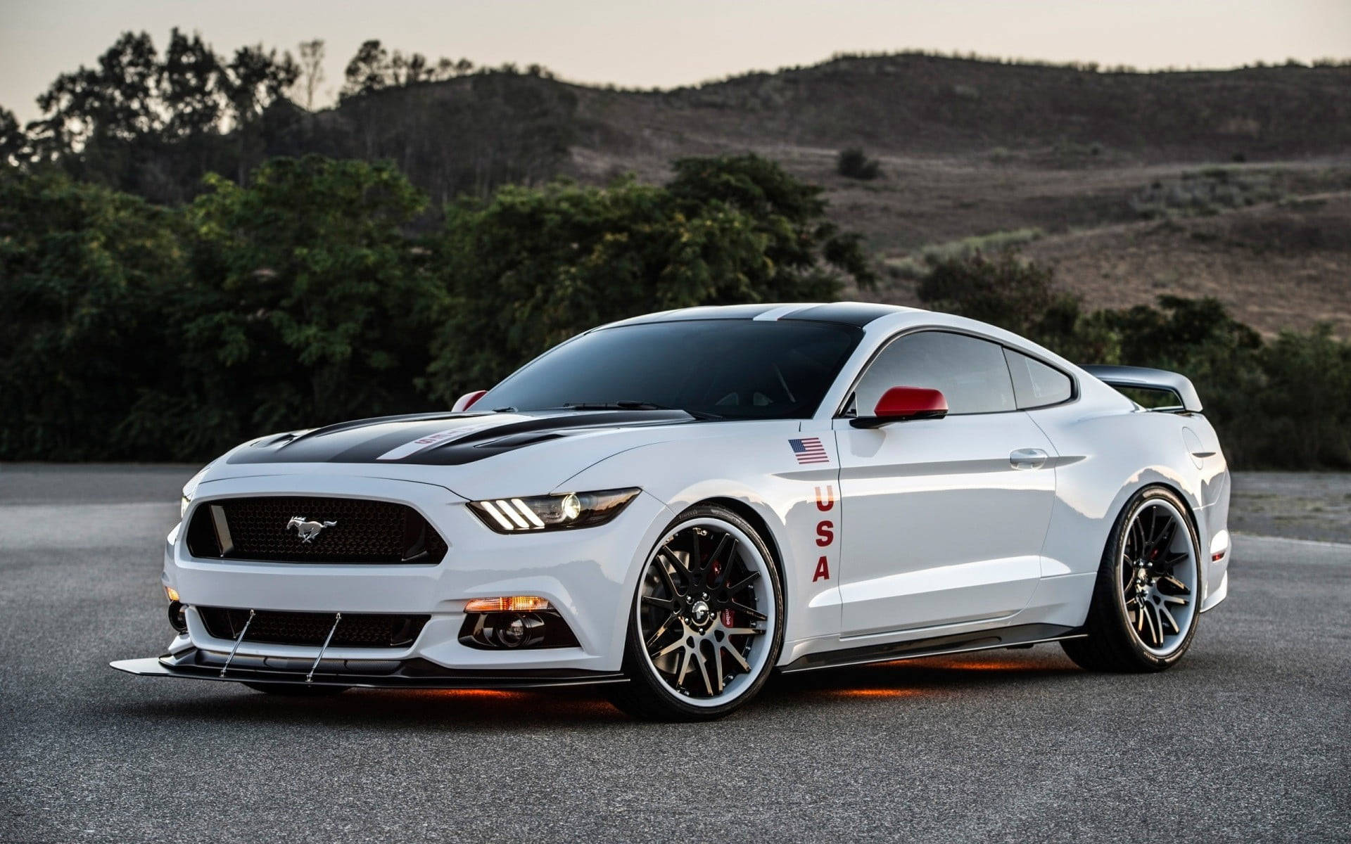 white Ford Mustang, black racing stripes, USA decals, Full HD Desktop Wallpaper