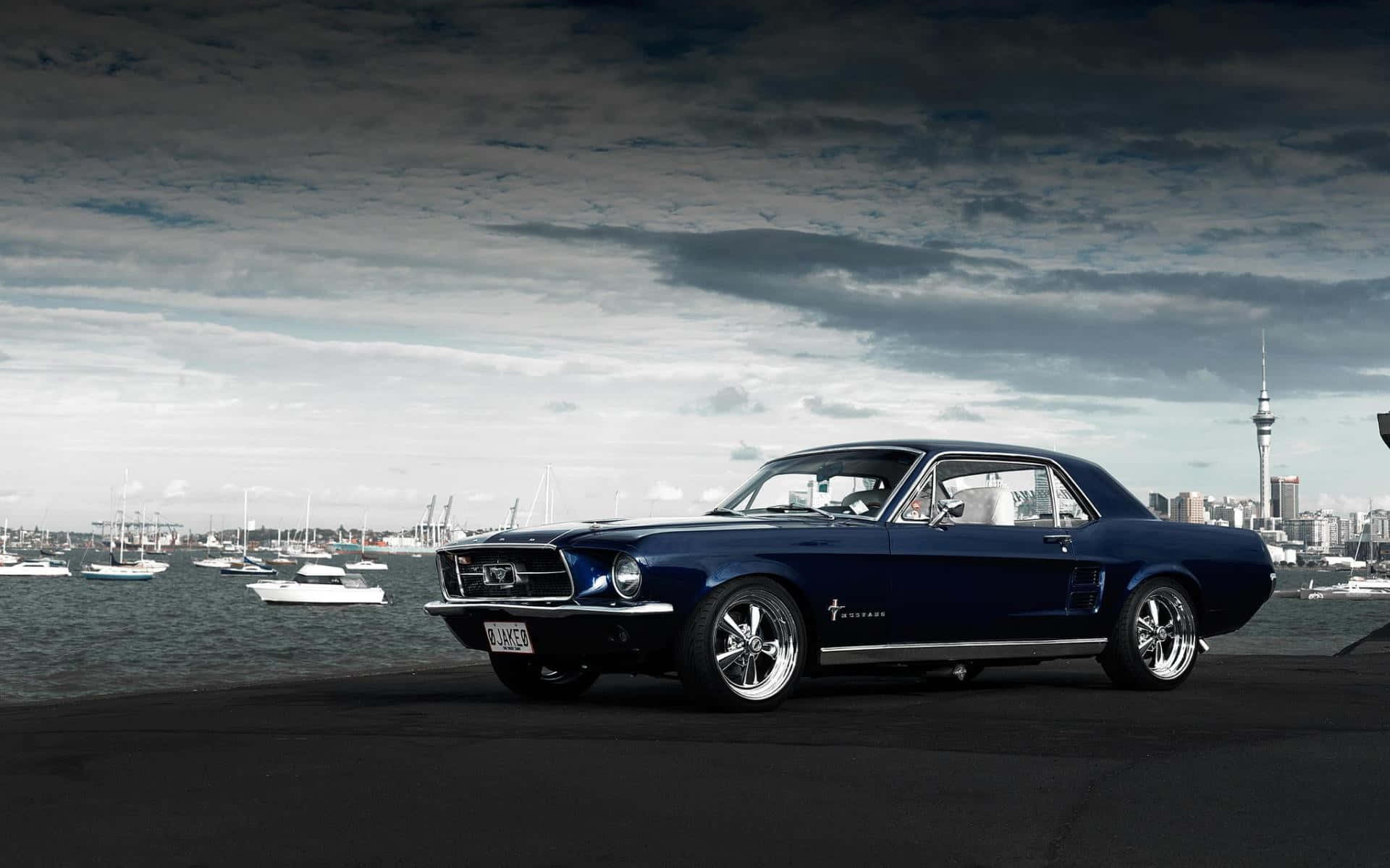 Ford Mustang, blue, waterfront, Full HD Desktop Wallpaper