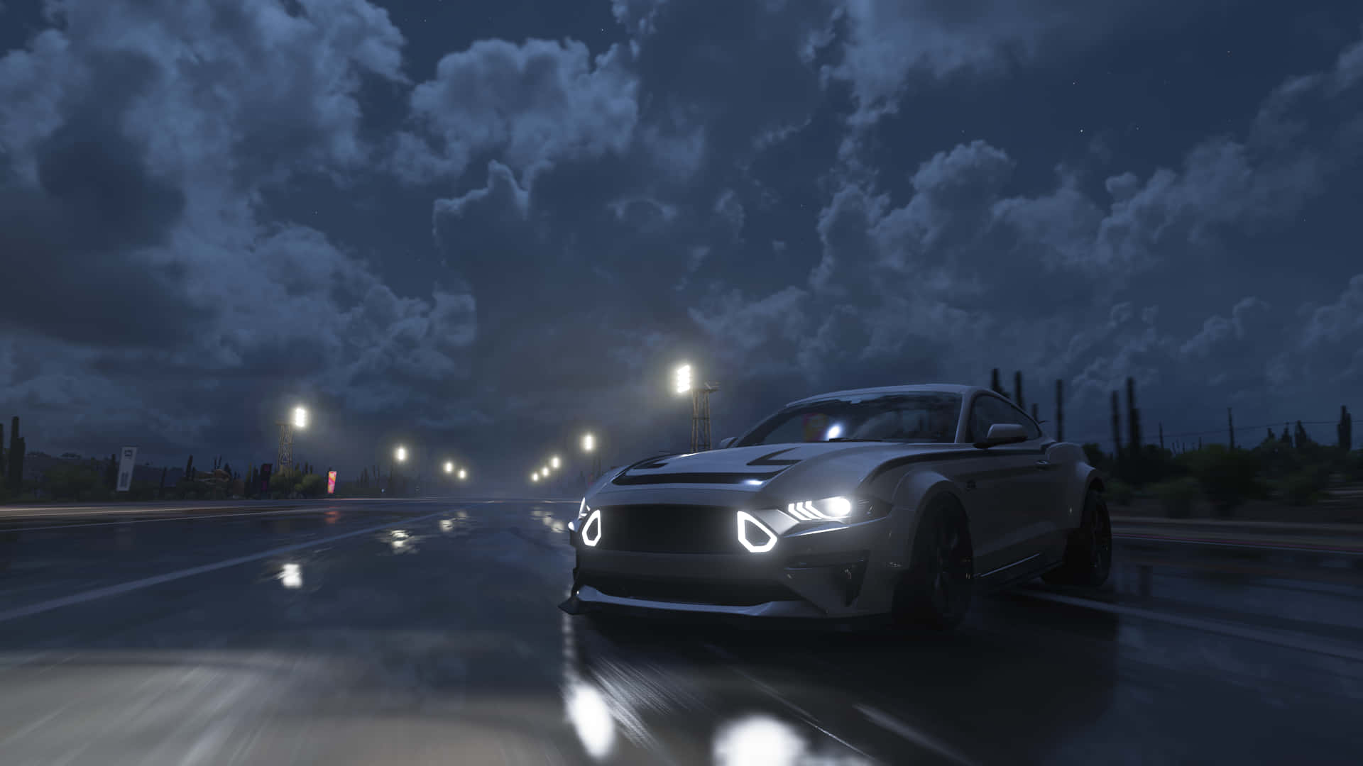 Ford Mustang, silver, glowing headlights, Full HD Desktop Wallpaper