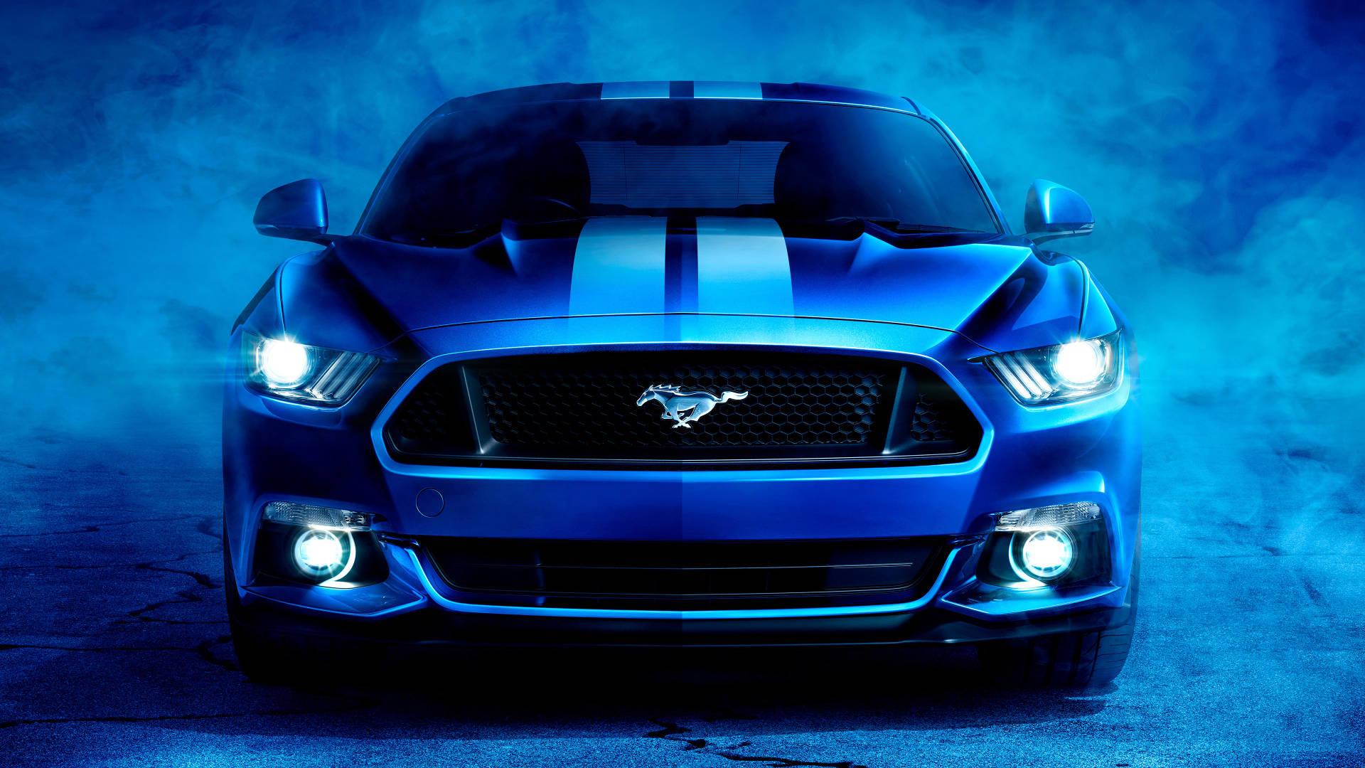 Ford Mustang, blue smoke, white racing stripes, Full HD Desktop Wallpaper
