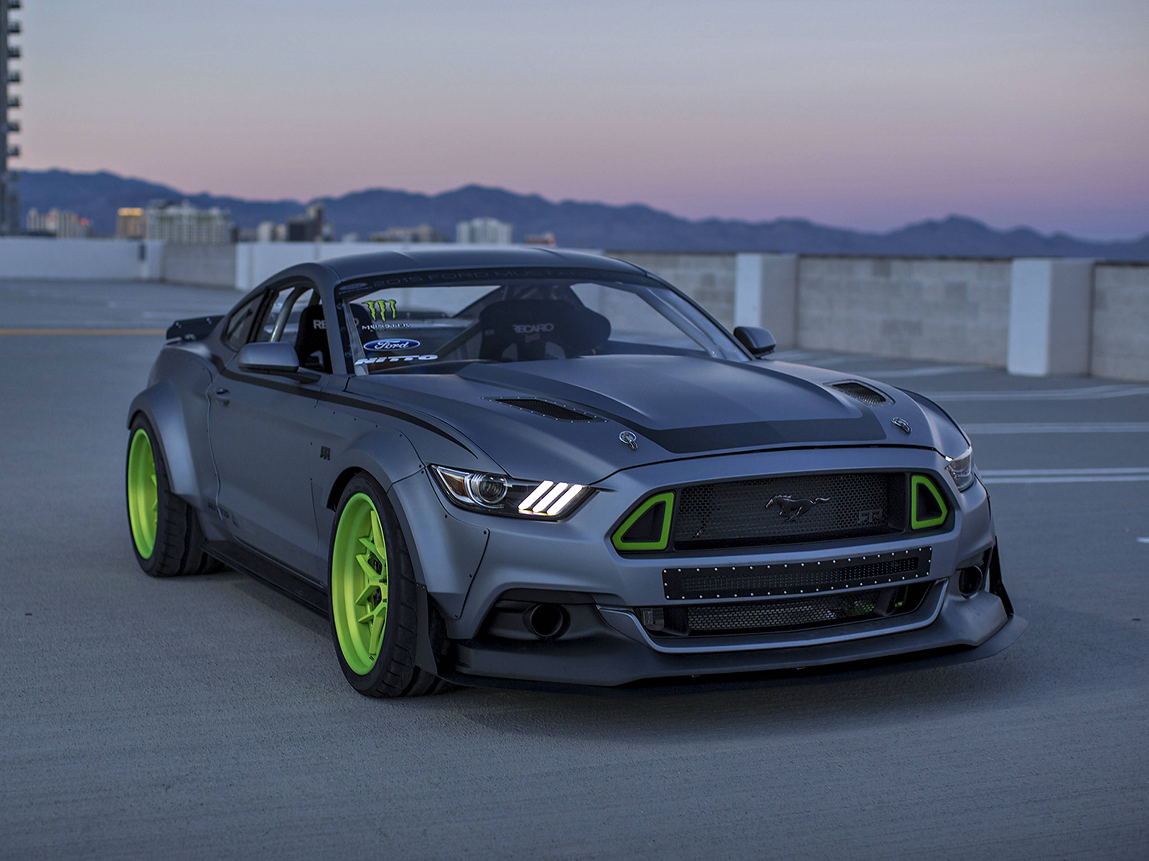 Ford Mustang, matte gray, neon green wheels, 4K Desktop Wallpaper