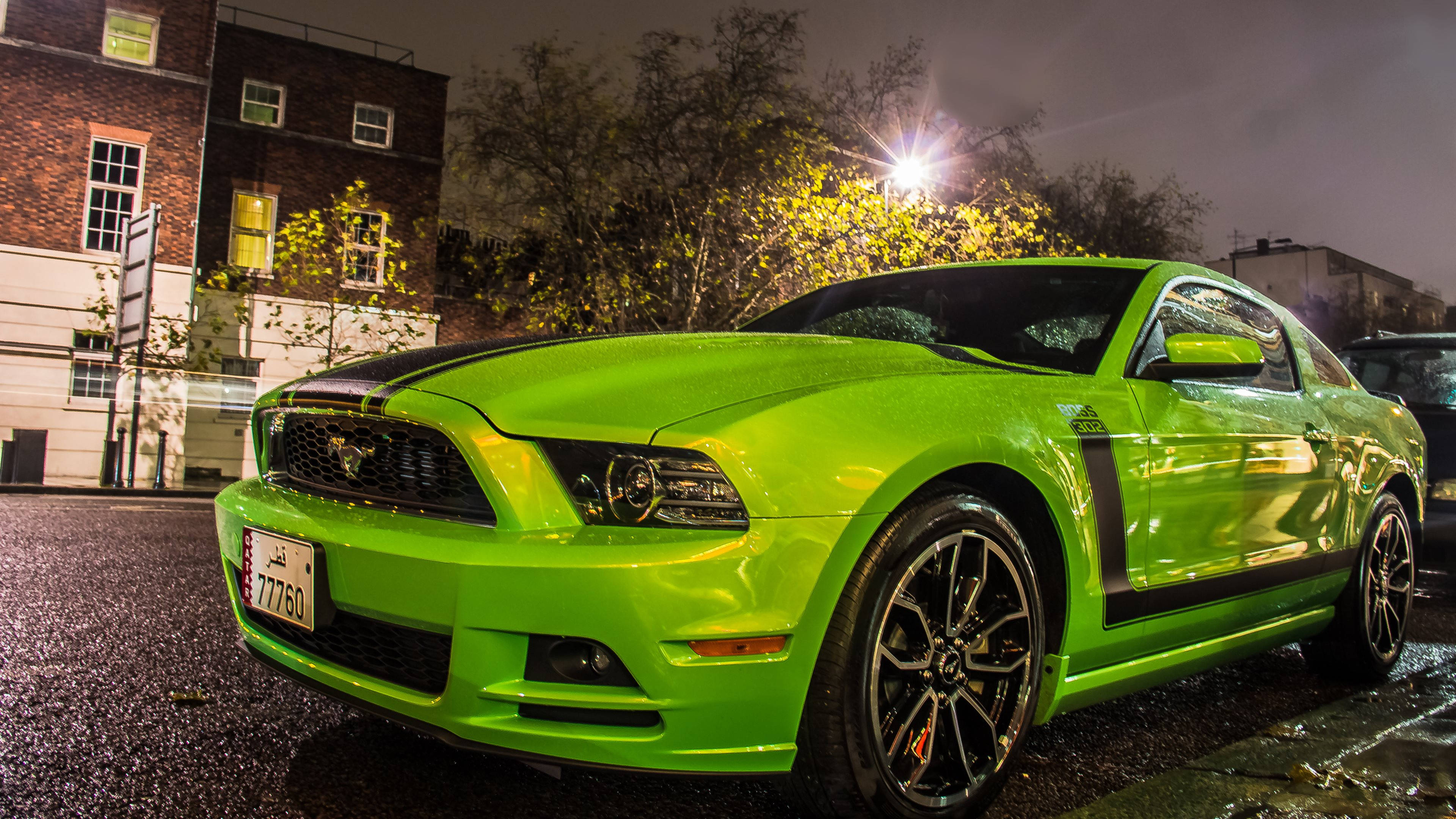 Ford Mustang, neon green, black racing stripes, 4K Desktop Wallpaper